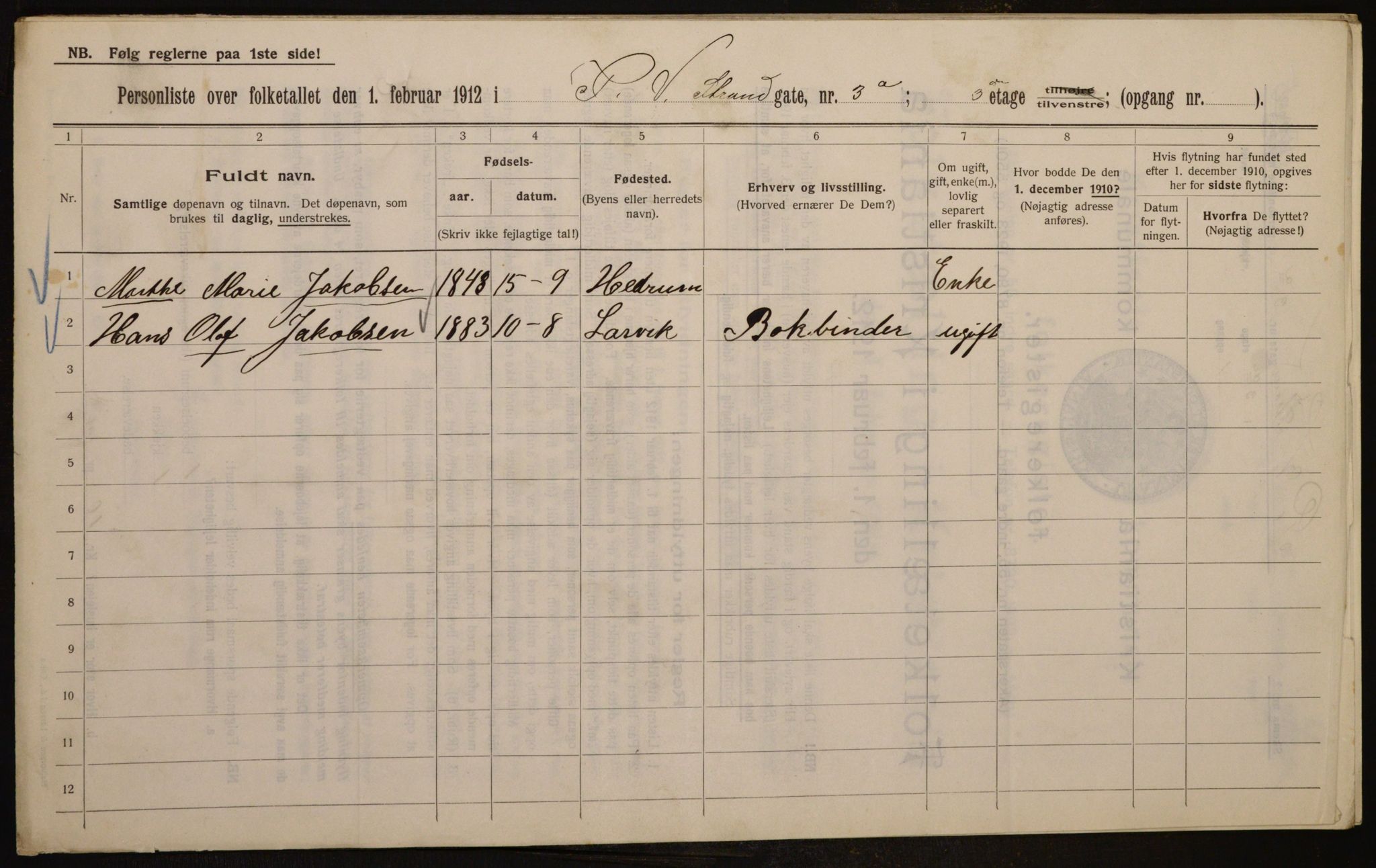OBA, Municipal Census 1912 for Kristiania, 1912, p. 103699