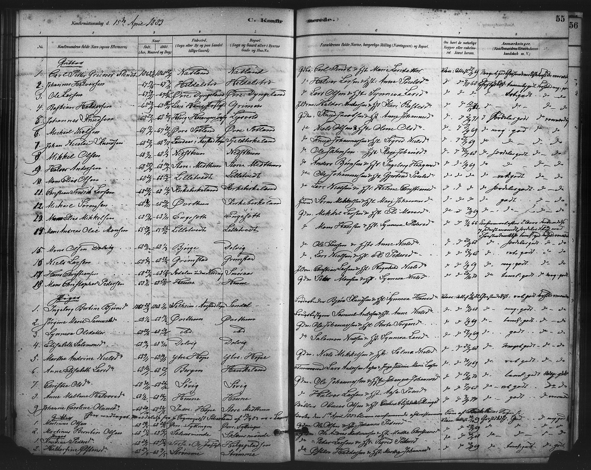 Fana Sokneprestembete, AV/SAB-A-75101/H/Haa/Haai/L0001: Parish register (official) no. I 1, 1878-1888, p. 55