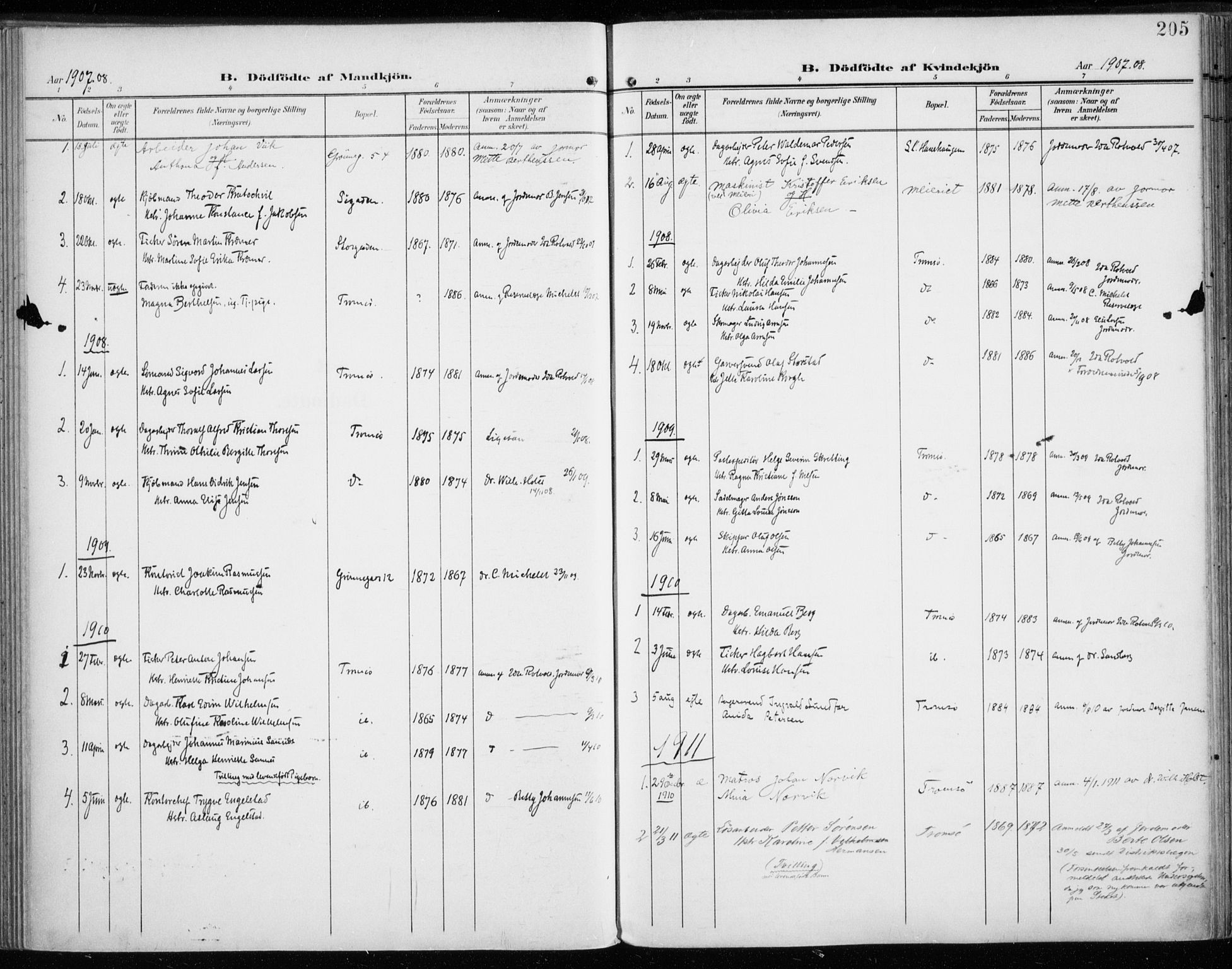 Tromsø sokneprestkontor/stiftsprosti/domprosti, SATØ/S-1343/G/Ga/L0017kirke: Parish register (official) no. 17, 1907-1917, p. 205