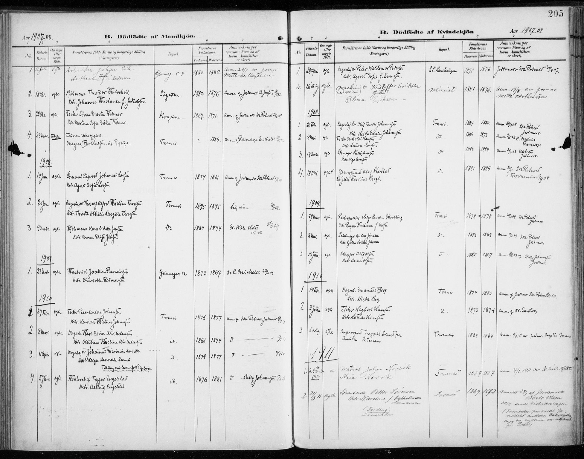 Tromsø sokneprestkontor/stiftsprosti/domprosti, AV/SATØ-S-1343/G/Ga/L0017kirke: Parish register (official) no. 17, 1907-1917, p. 205