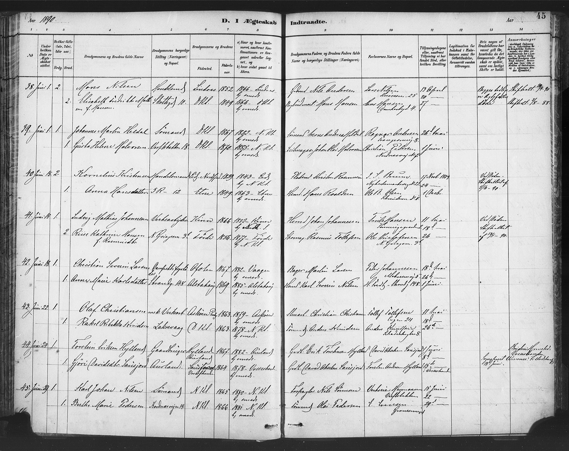 Nykirken Sokneprestembete, AV/SAB-A-77101/H/Haa/L0033: Parish register (official) no. D 3, 1884-1895, p. 45