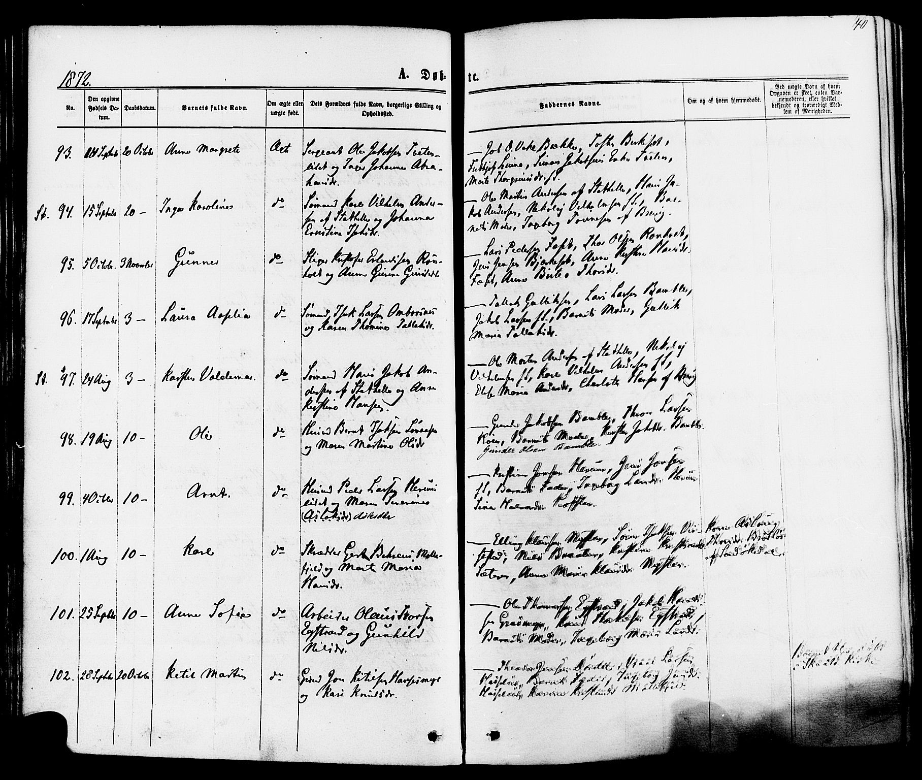 Bamble kirkebøker, AV/SAKO-A-253/F/Fa/L0006: Parish register (official) no. I 6, 1869-1877, p. 40