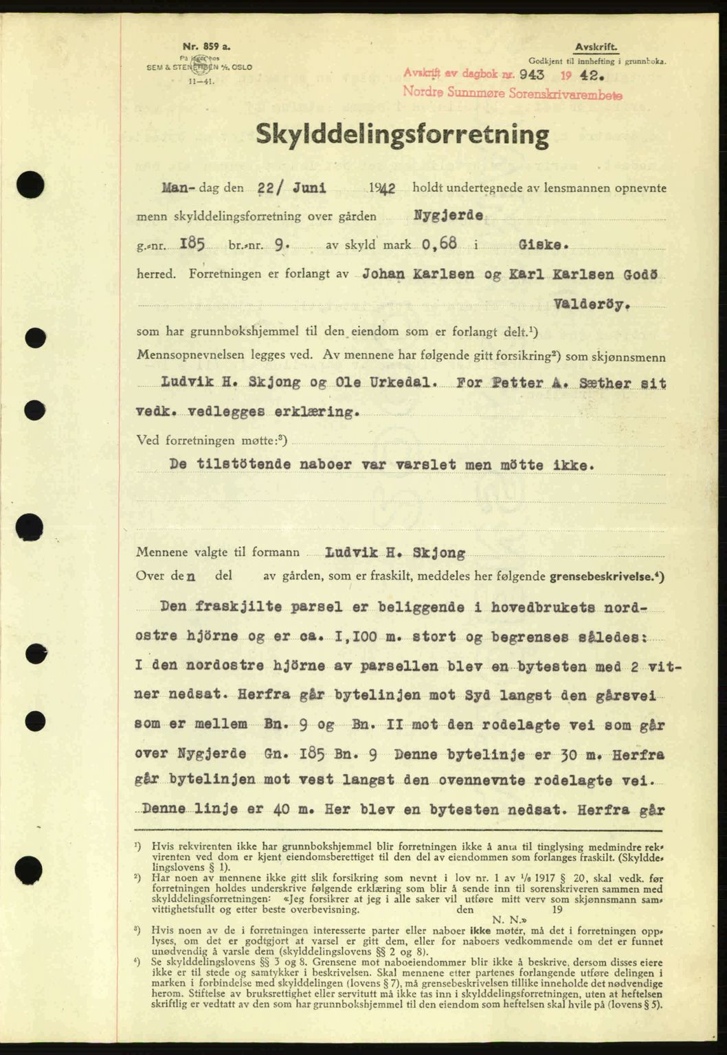 Nordre Sunnmøre sorenskriveri, AV/SAT-A-0006/1/2/2C/2Ca: Mortgage book no. A13, 1942-1942, Diary no: : 943/1942