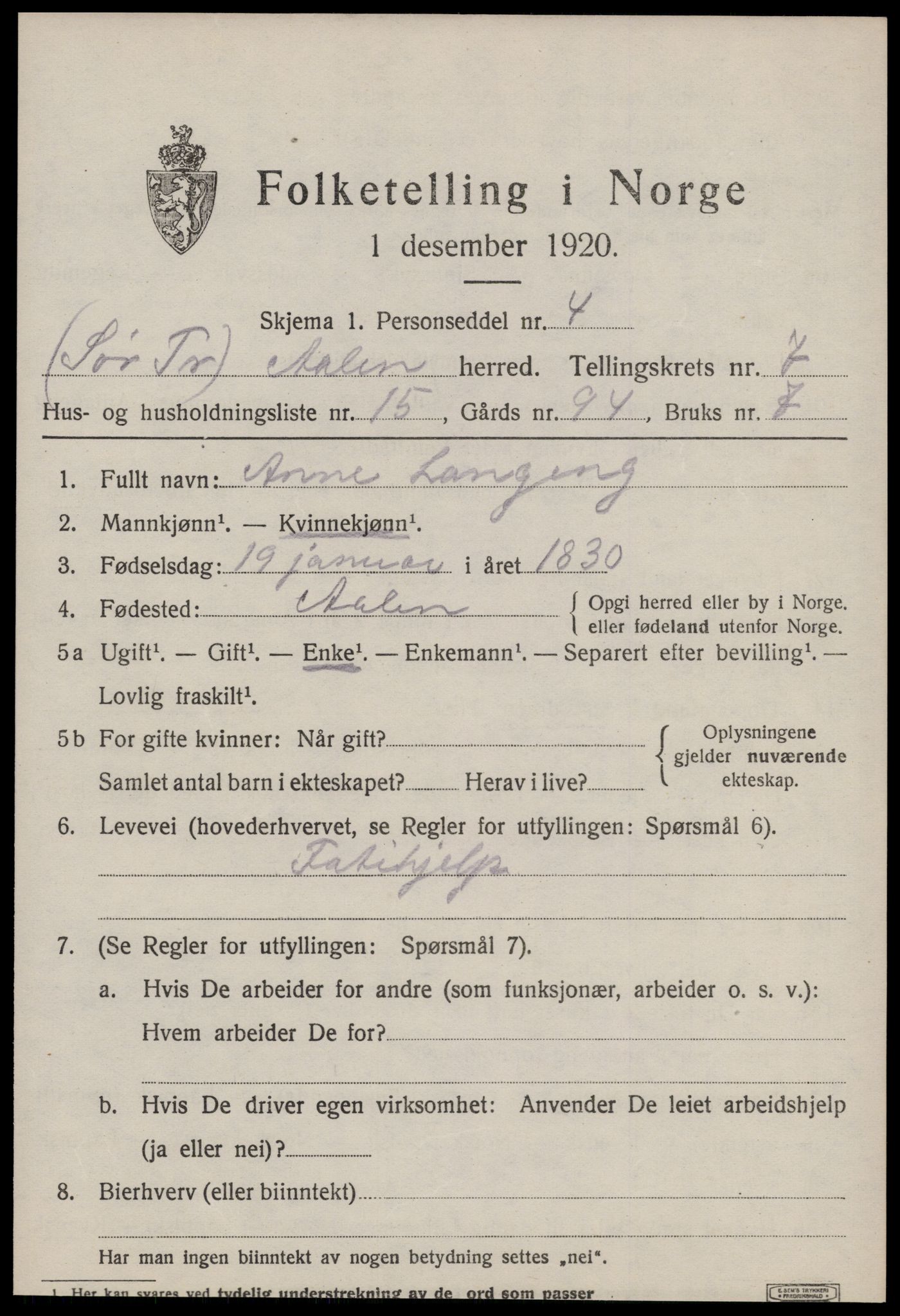 SAT, 1920 census for Ålen, 1920, p. 3590