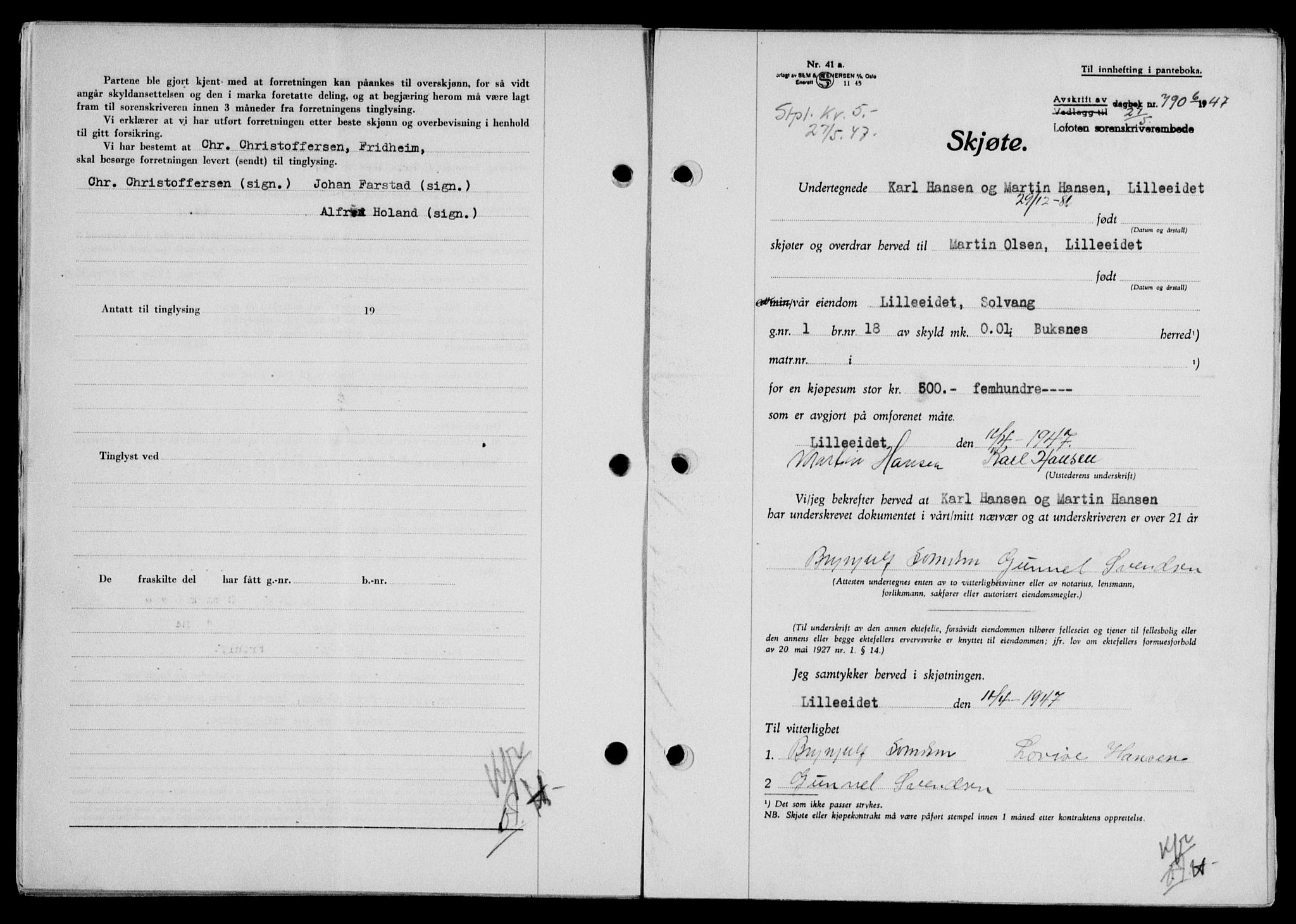 Lofoten sorenskriveri, SAT/A-0017/1/2/2C/L0016a: Mortgage book no. 16a, 1947-1947, Diary no: : 790/1947