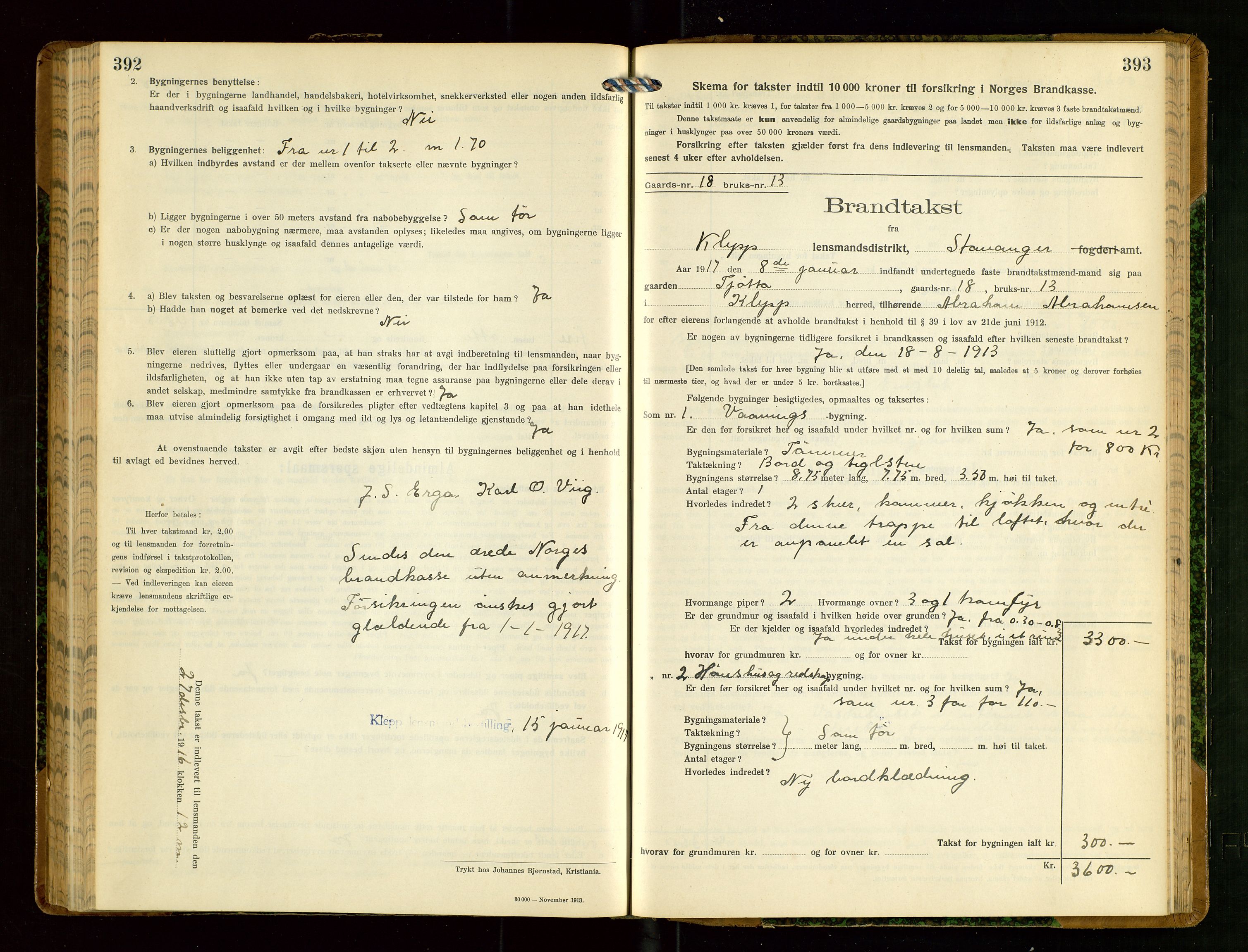 Klepp lensmannskontor, SAST/A-100163/Goc/L0008: "Brandtakstprotokol" m/register, 1914-1917, p. 392-393