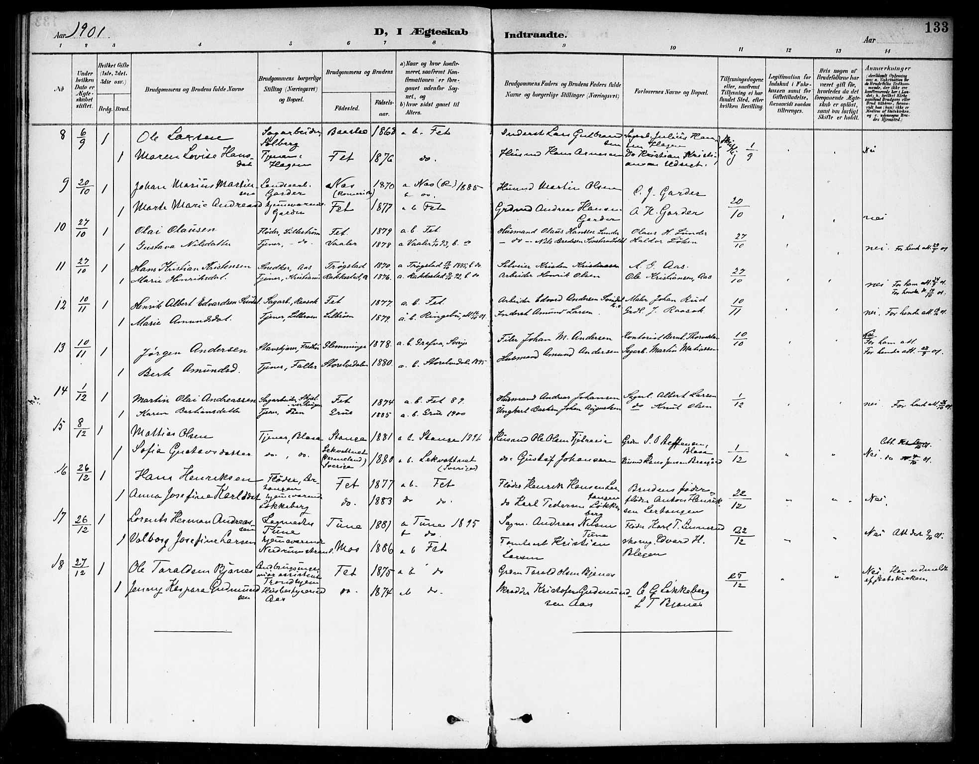 Fet prestekontor Kirkebøker, AV/SAO-A-10370a/F/Fa/L0015: Parish register (official) no. I 15, 1892-1904, p. 133