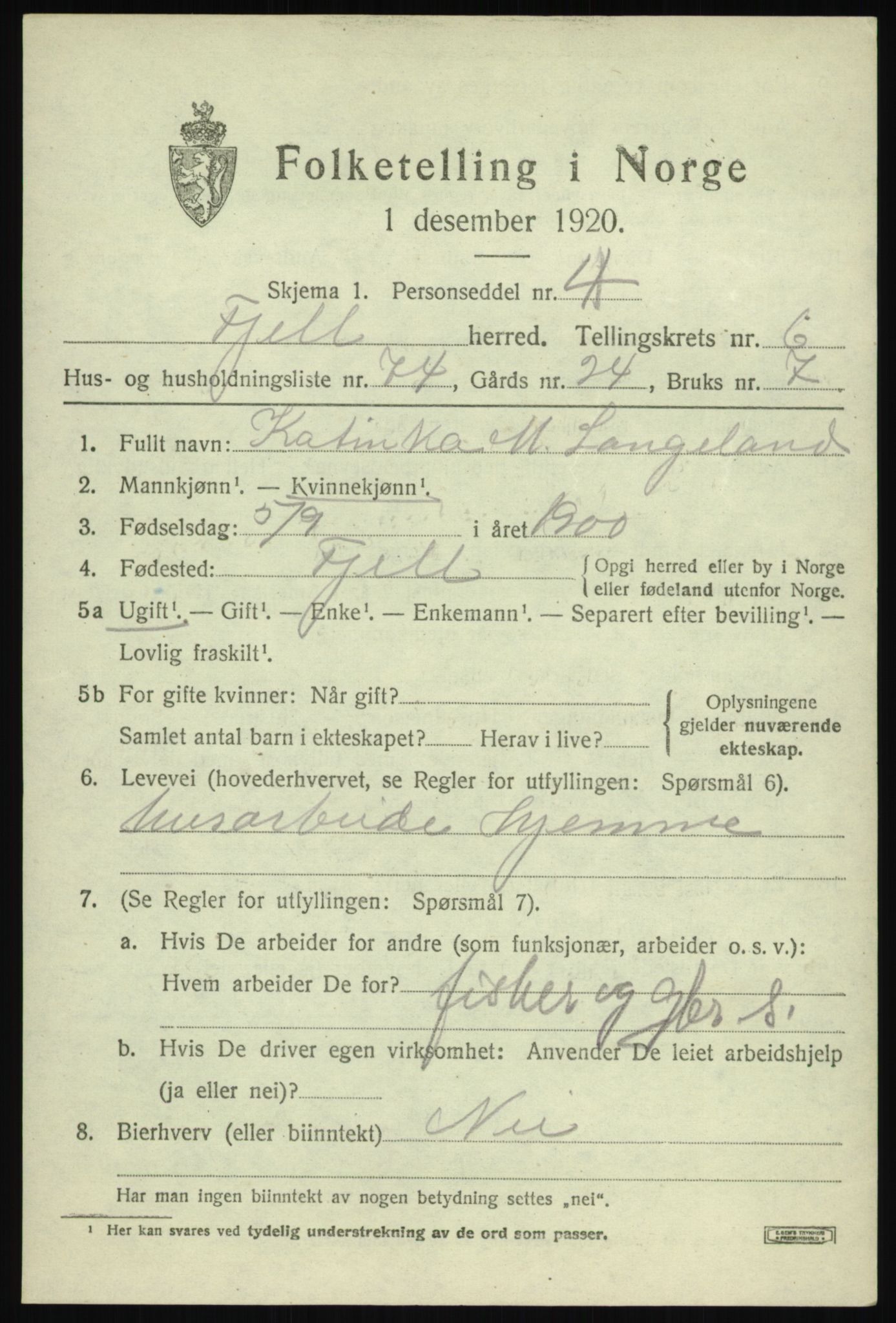 SAB, 1920 census for Fjell, 1920, p. 6202