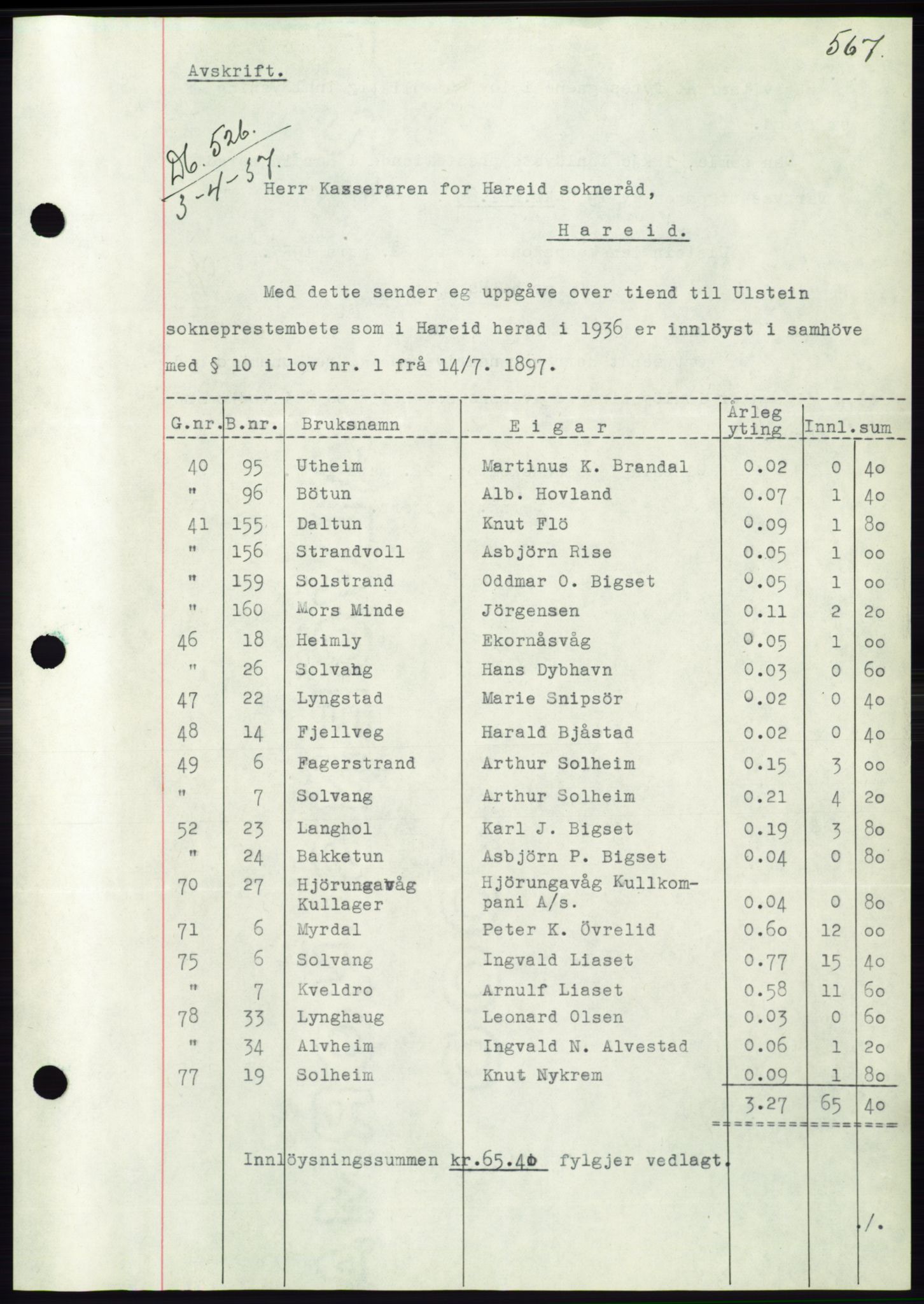 Søre Sunnmøre sorenskriveri, AV/SAT-A-4122/1/2/2C/L0062: Mortgage book no. 56, 1936-1937, Diary no: : 526/1937