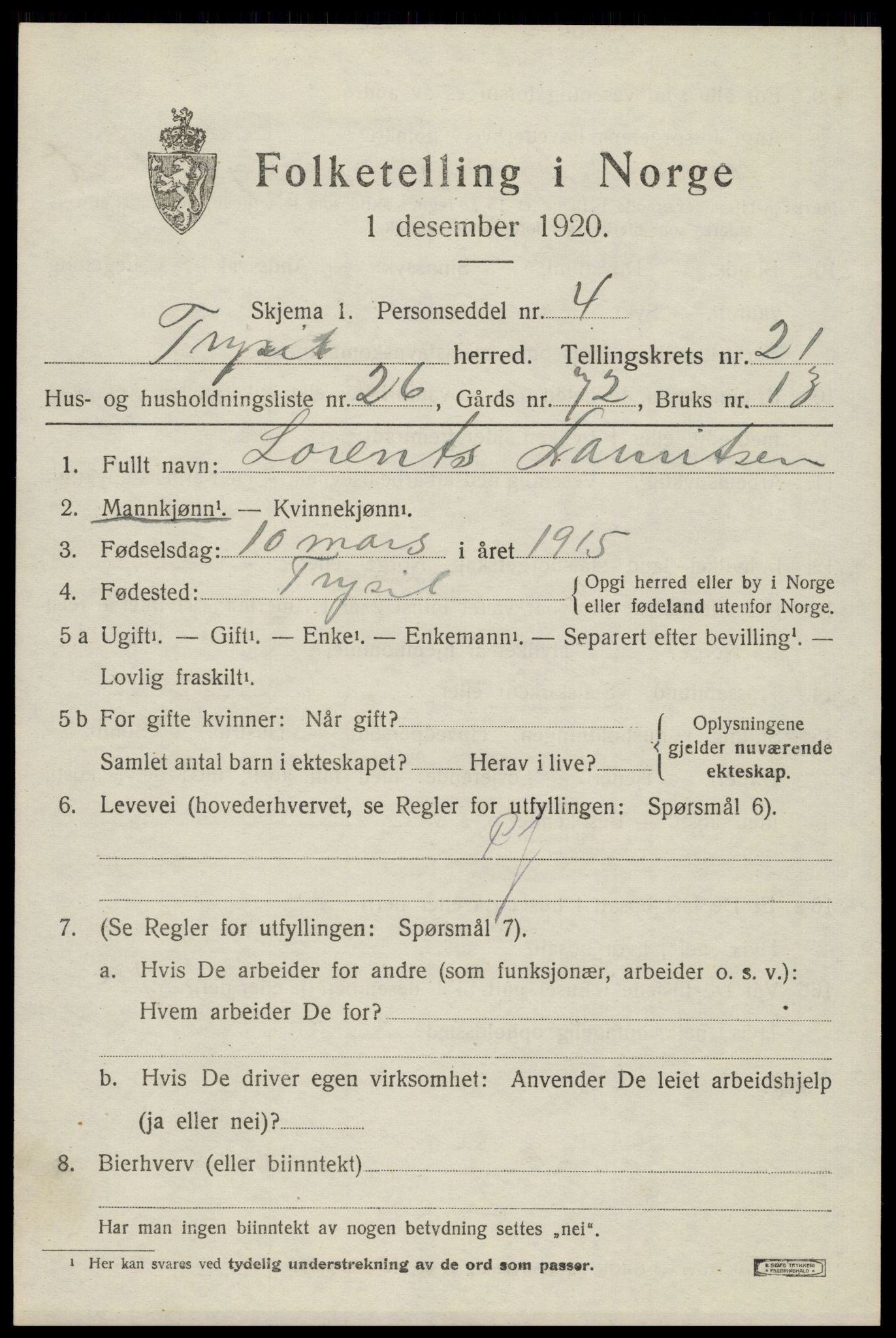 SAH, 1920 census for Trysil, 1920, p. 14083