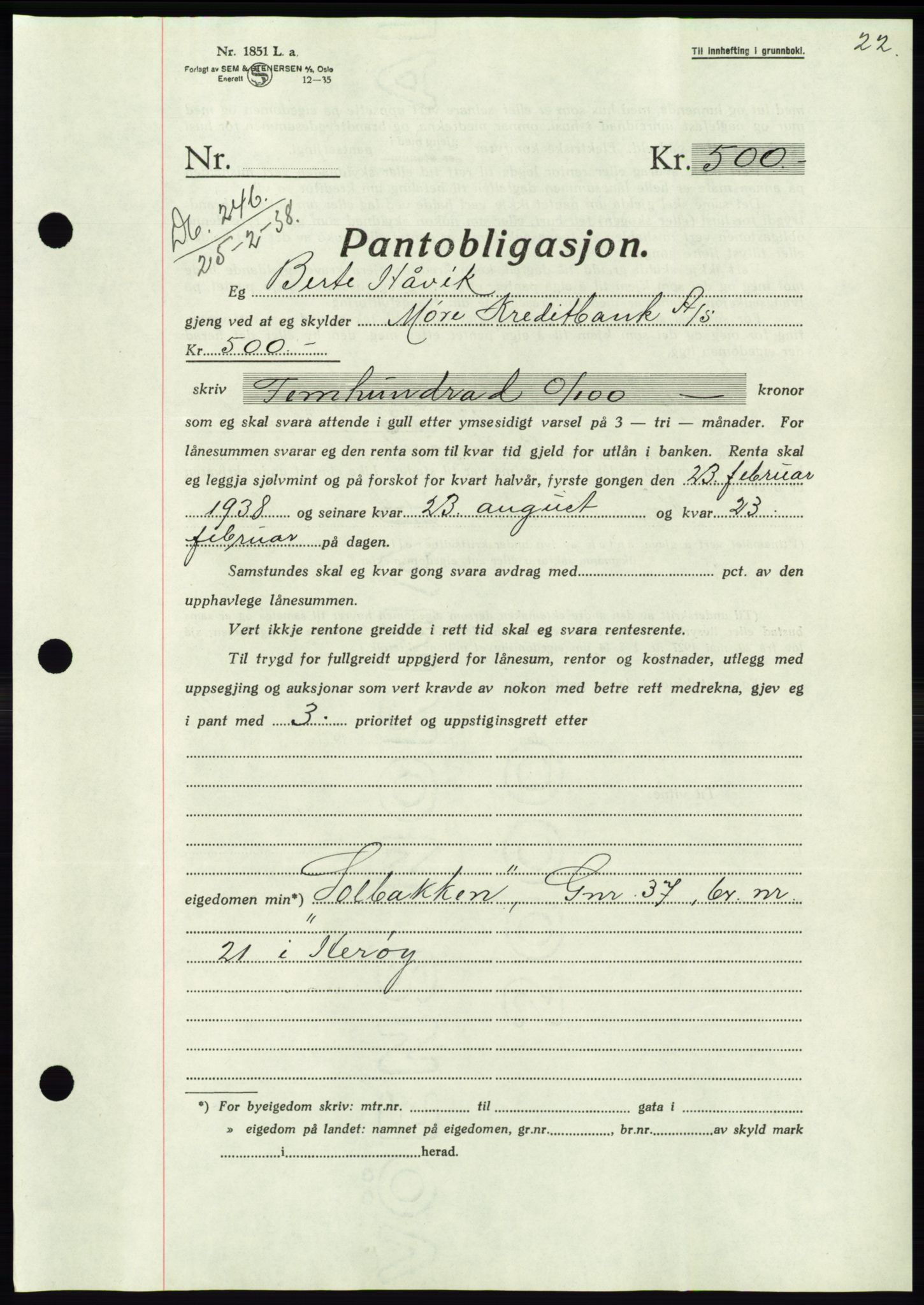 Søre Sunnmøre sorenskriveri, AV/SAT-A-4122/1/2/2C/L0065: Mortgage book no. 59, 1938-1938, Diary no: : 246/1938