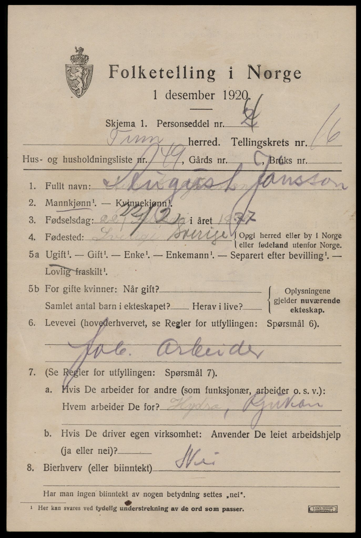 SAKO, 1920 census for Tinn, 1920, p. 17726