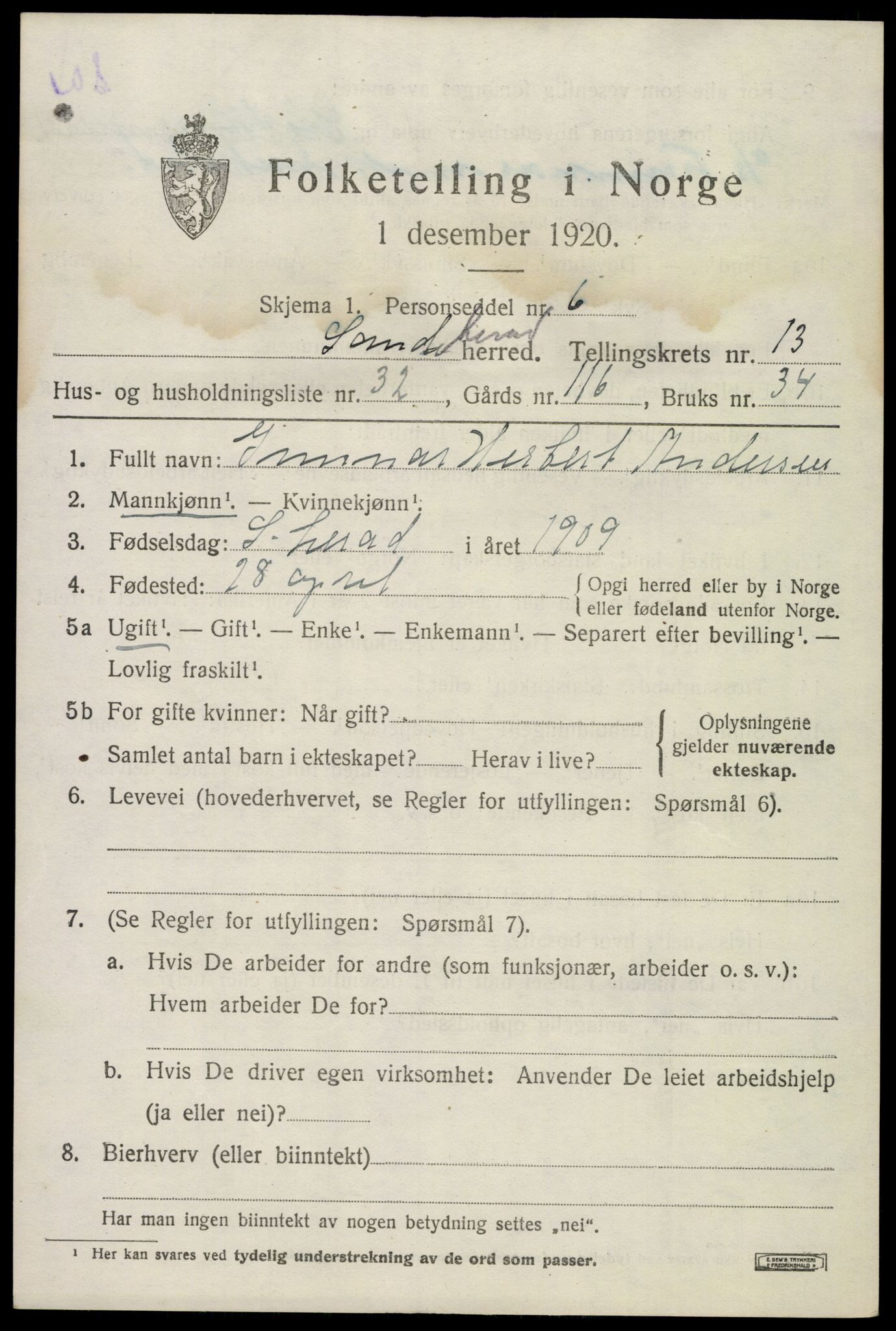 SAKO, 1920 census for Sandeherred, 1920, p. 19676