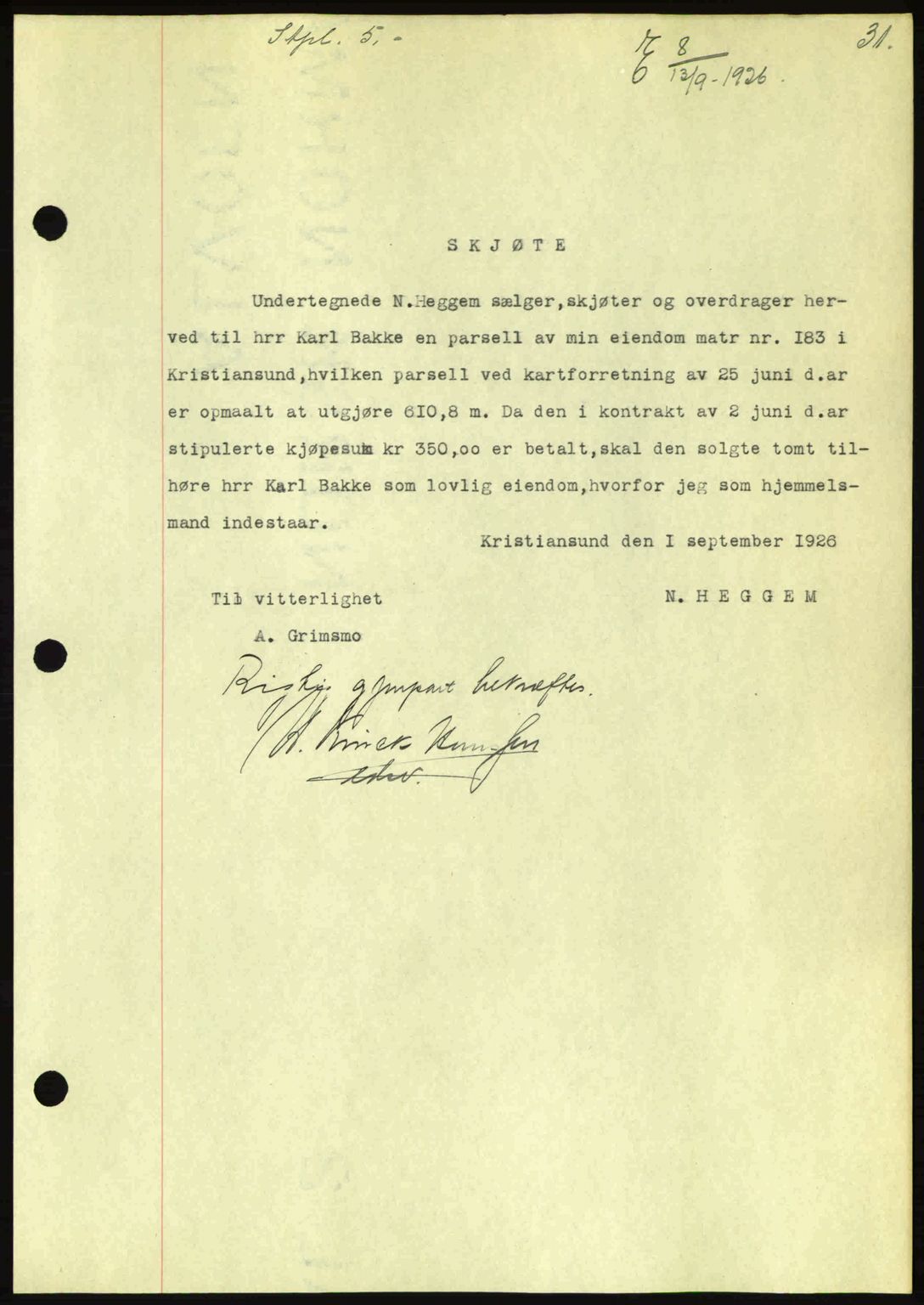 Kristiansund byfogd, AV/SAT-A-4587/A/27: Mortgage book no. 21, 1926-1928, Deed date: 13.09.1926