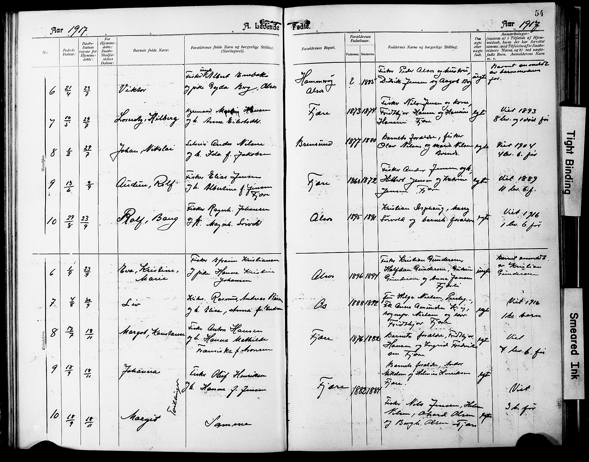 Ministerialprotokoller, klokkerbøker og fødselsregistre - Nordland, SAT/A-1459/803/L0077: Parish register (copy) no. 803C04, 1897-1930, p. 54