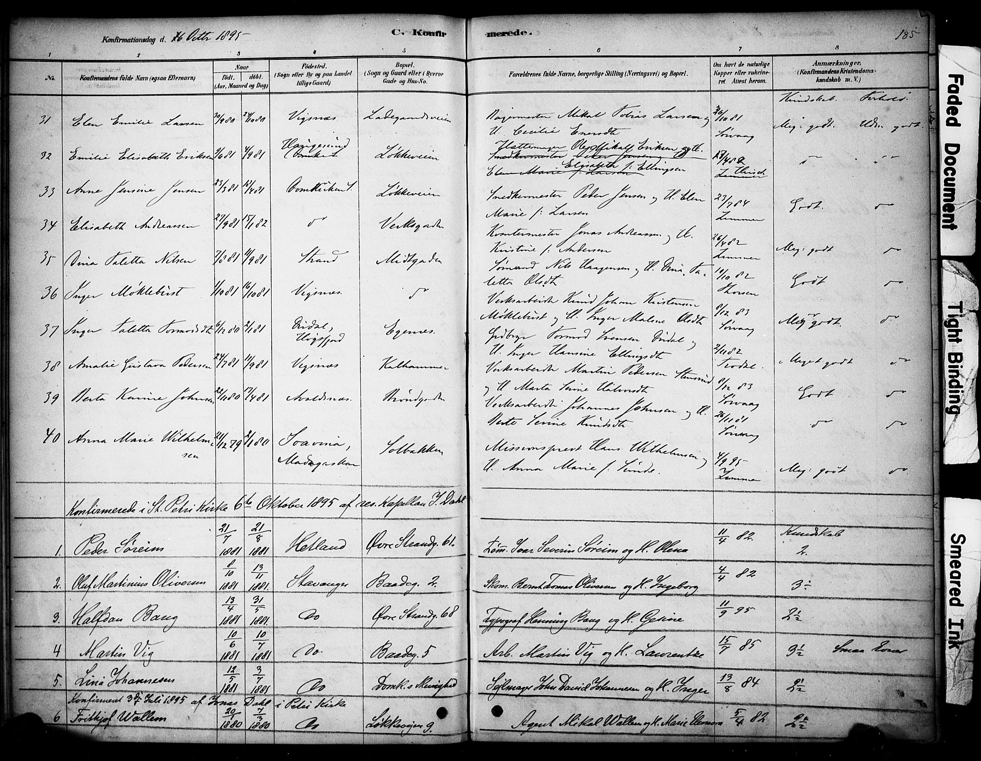 Domkirken sokneprestkontor, SAST/A-101812/001/30/30BA/L0028: Parish register (official) no. A 27, 1878-1896, p. 185