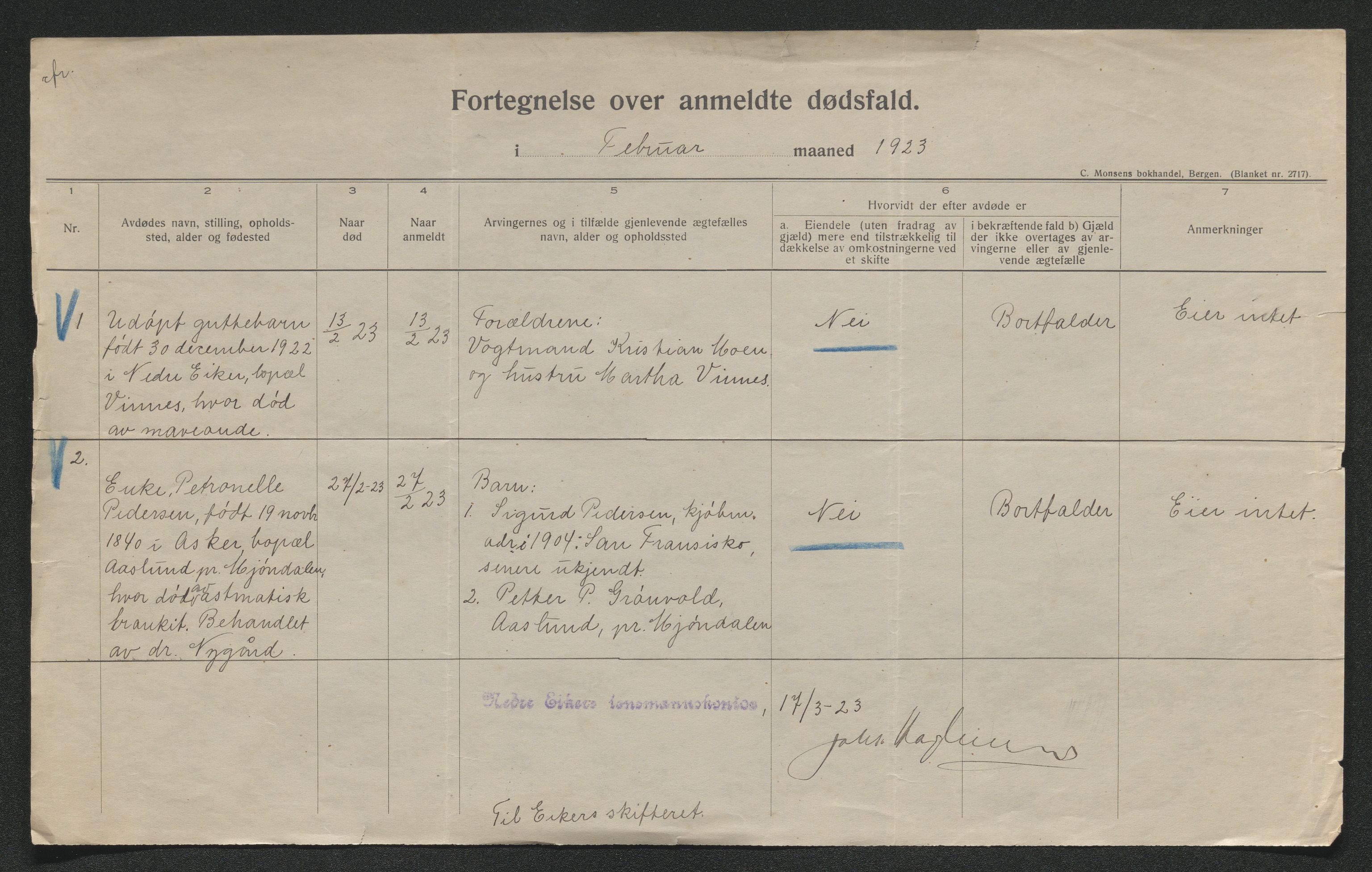 Eiker, Modum og Sigdal sorenskriveri, SAKO/A-123/H/Ha/Hab/L0041: Dødsfallsmeldinger, 1922-1923, p. 612