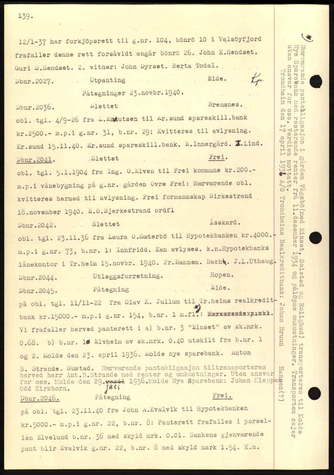 Nordmøre sorenskriveri, AV/SAT-A-4132/1/2/2Ca: Mortgage book no. C81, 1940-1945, Diary no: : 2036/1940