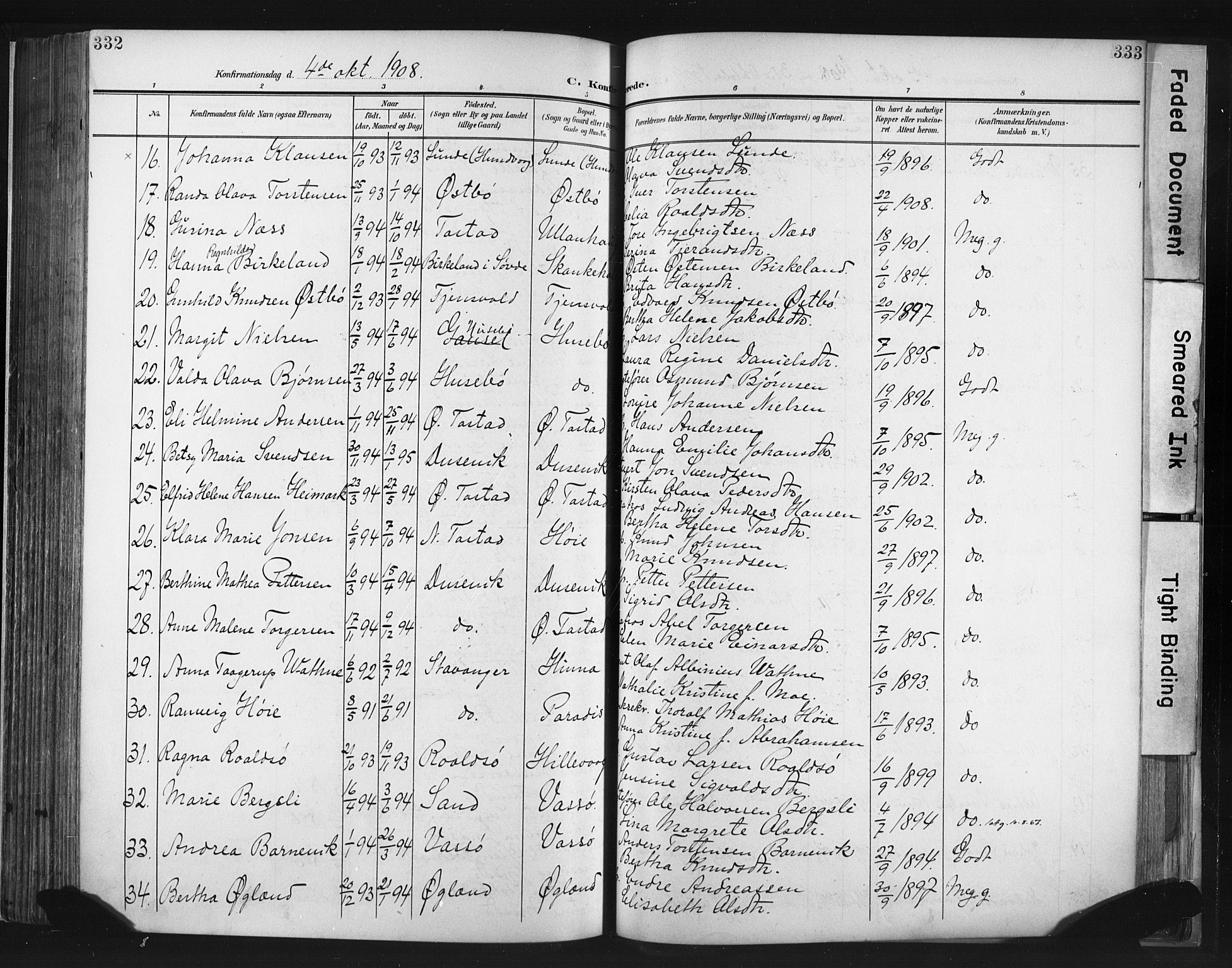 Hetland sokneprestkontor, AV/SAST-A-101826/30/30BA/L0013: Parish register (official) no. A 13, 1904-1918, p. 332-333