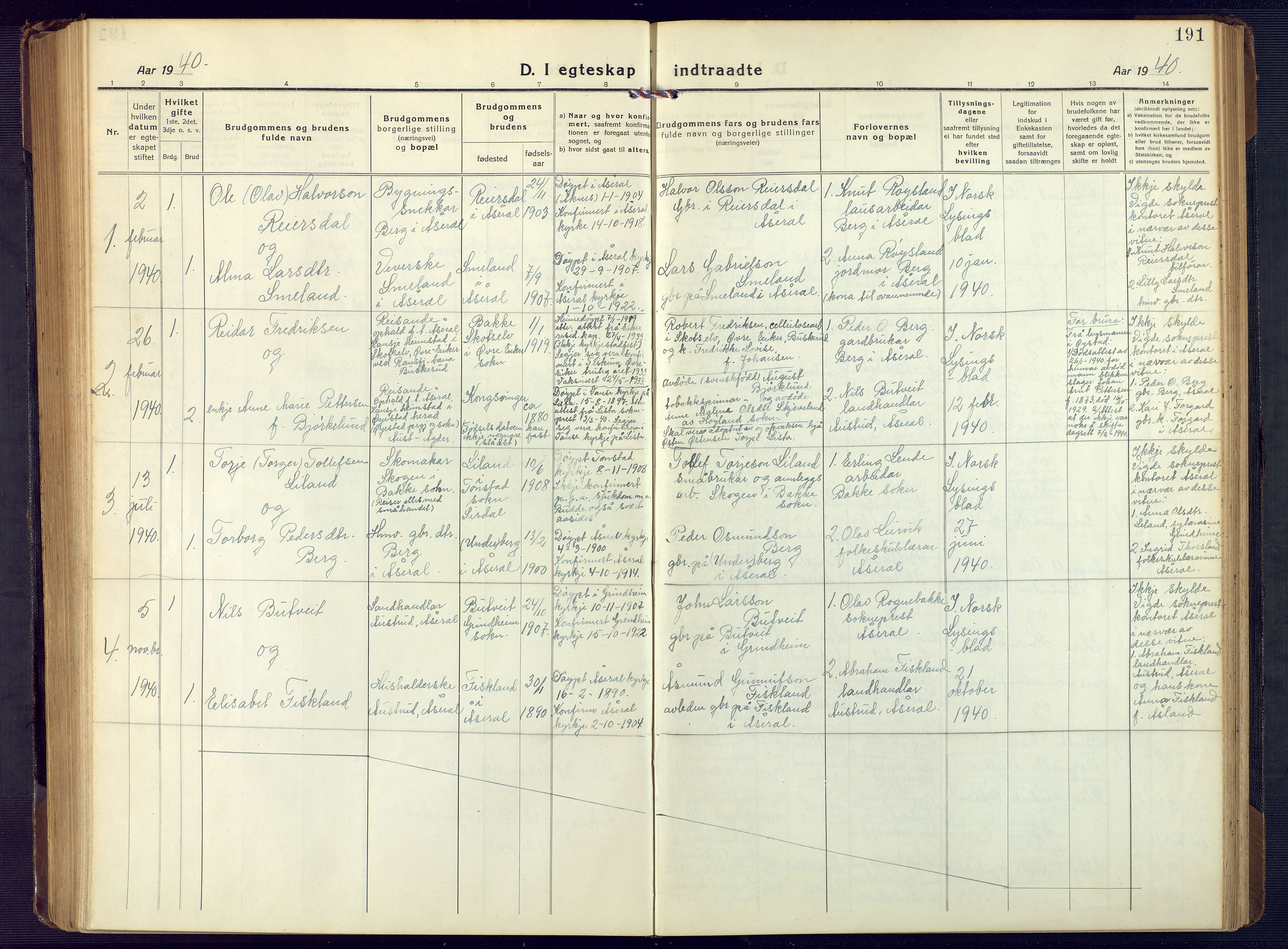 Åseral sokneprestkontor, SAK/1111-0051/F/Fb/L0004: Parish register (copy) no. B 4, 1920-1946, p. 191