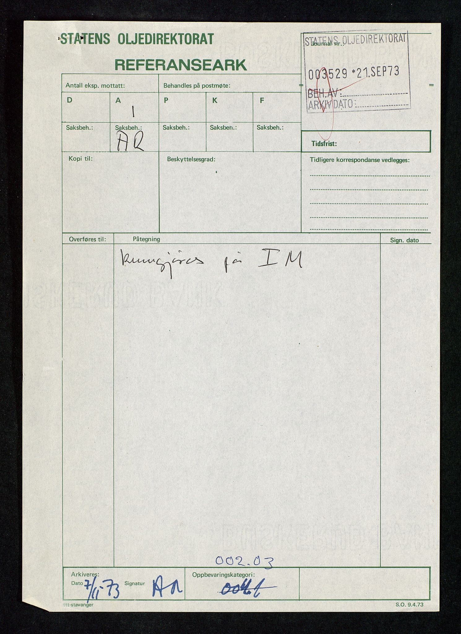 Industridepartementet, Oljekontoret, AV/SAST-A-101348/Db/L0001: Sikkerhet og utstyr, personell, arbeidstid, lønn, 1967-1973, p. 204