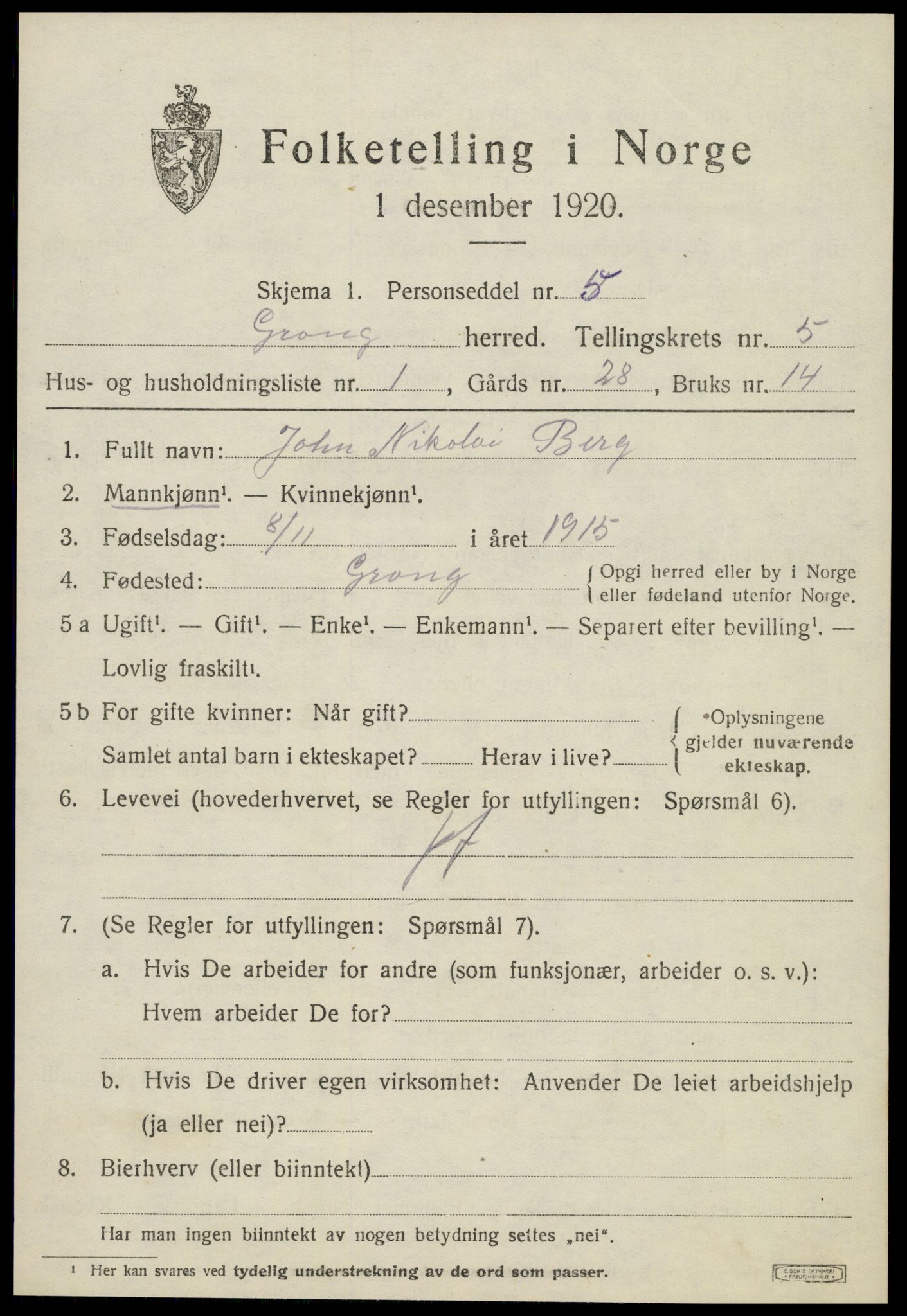 SAT, 1920 census for Grong, 1920, p. 3291