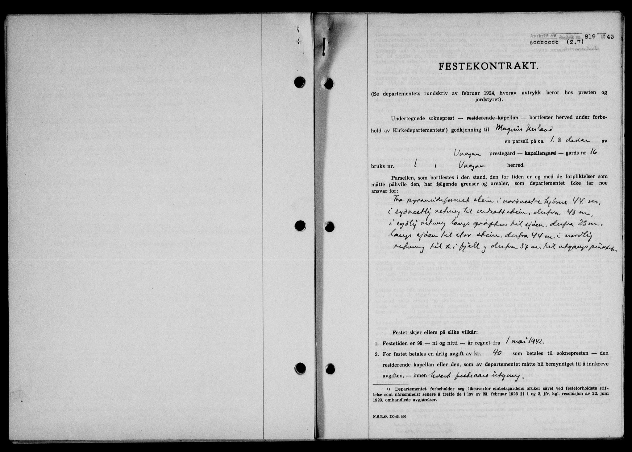 Lofoten sorenskriveri, SAT/A-0017/1/2/2C/L0011a: Mortgage book no. 11a, 1943-1943, Diary no: : 819/1943