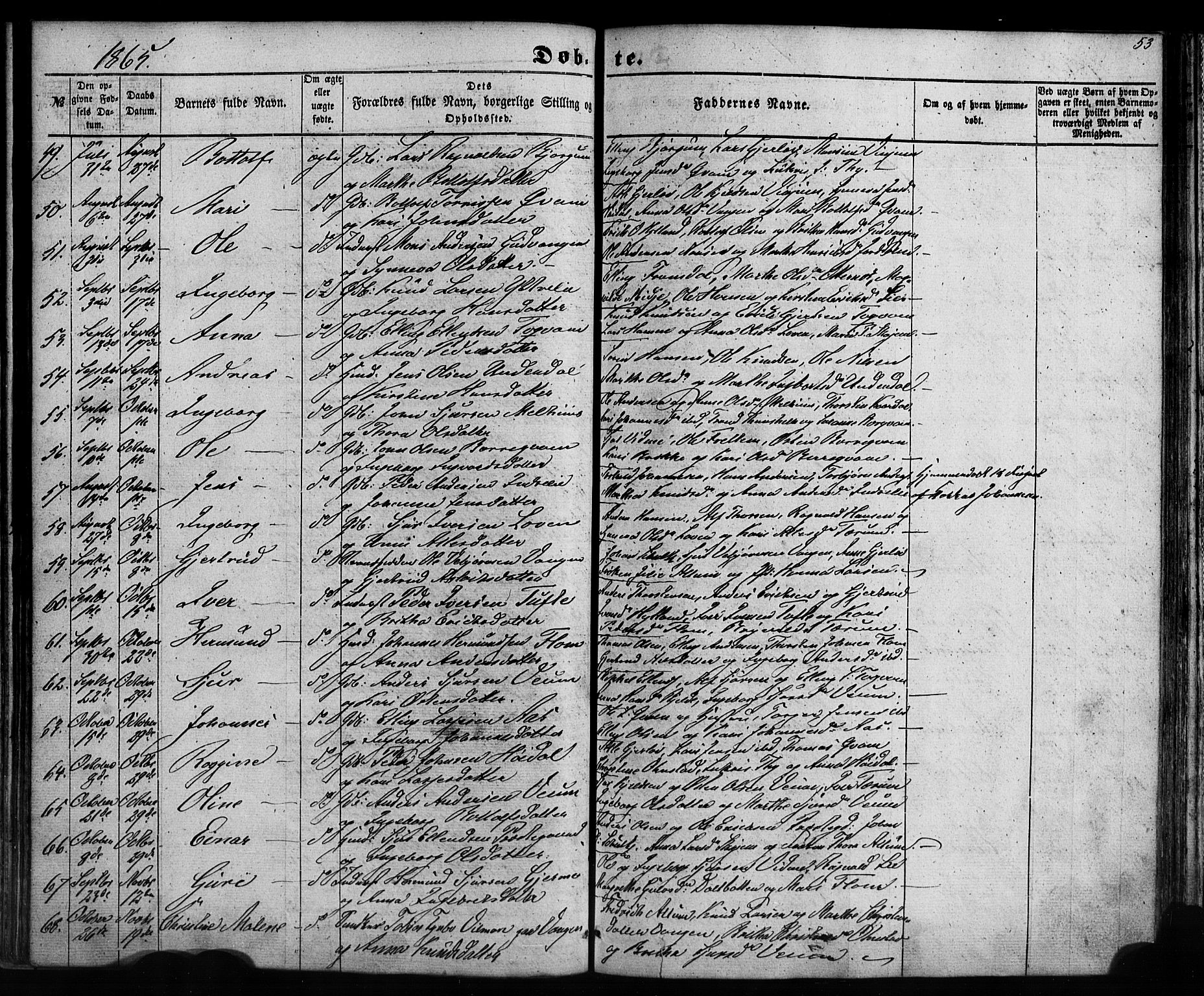 Aurland sokneprestembete, SAB/A-99937/H/Ha/Haa/L0008: Parish register (official) no. A 8, 1853-1879, p. 53