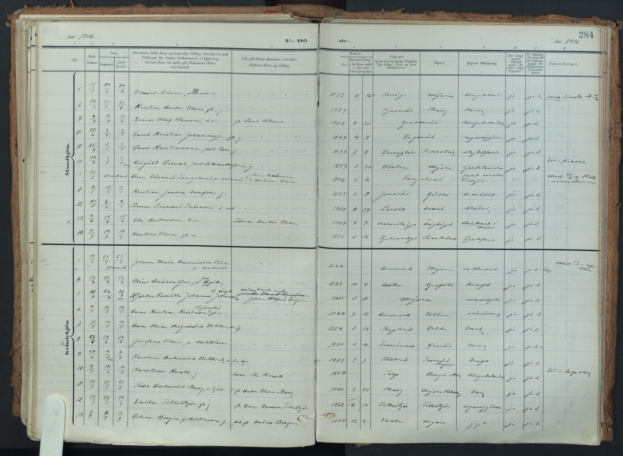 Eidsberg prestekontor Kirkebøker, AV/SAO-A-10905/F/Fa/L0014: Parish register (official) no. I 14, 1902-1919, p. 284