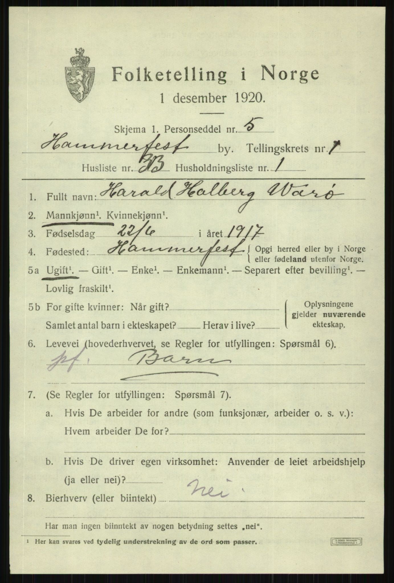 SATØ, 1920 census for Hammerfest, 1920, p. 3022