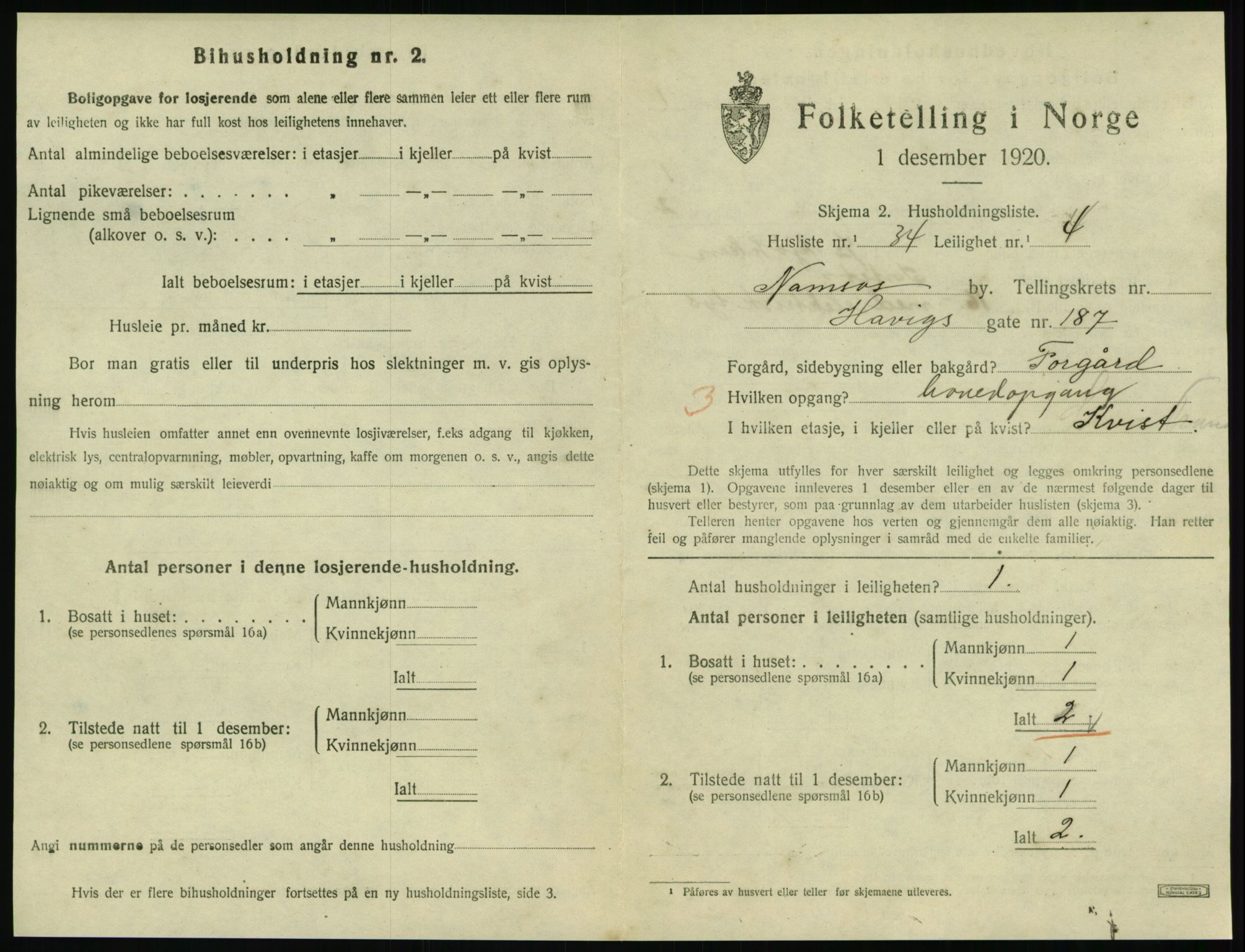 SAT, 1920 census for Namsos, 1920, p. 1737