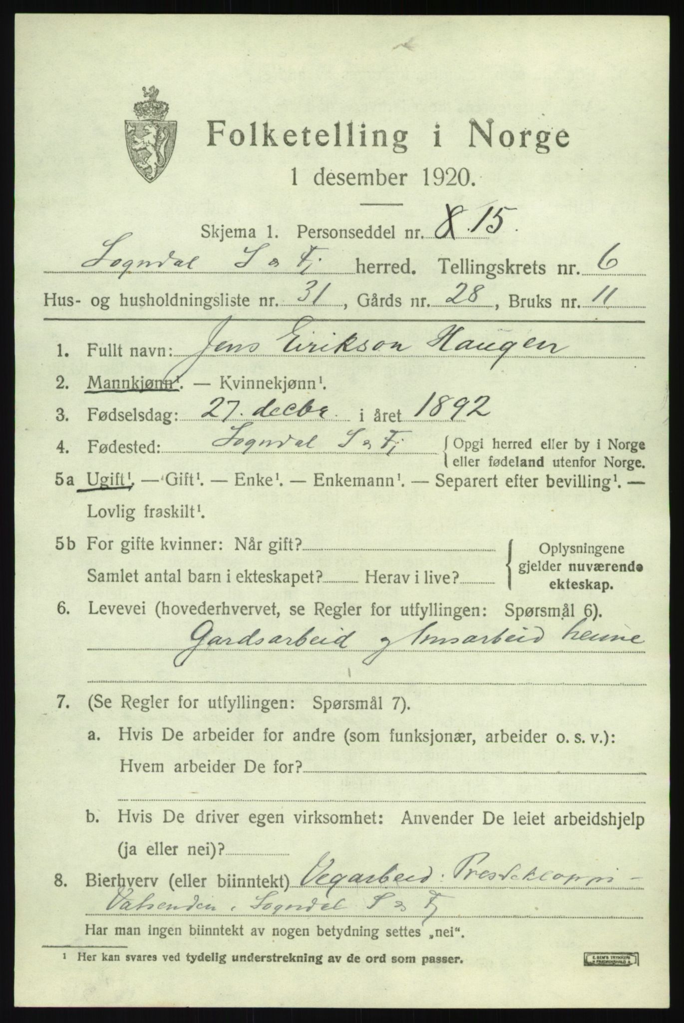 SAB, 1920 census for Sogndal, 1920, p. 3383