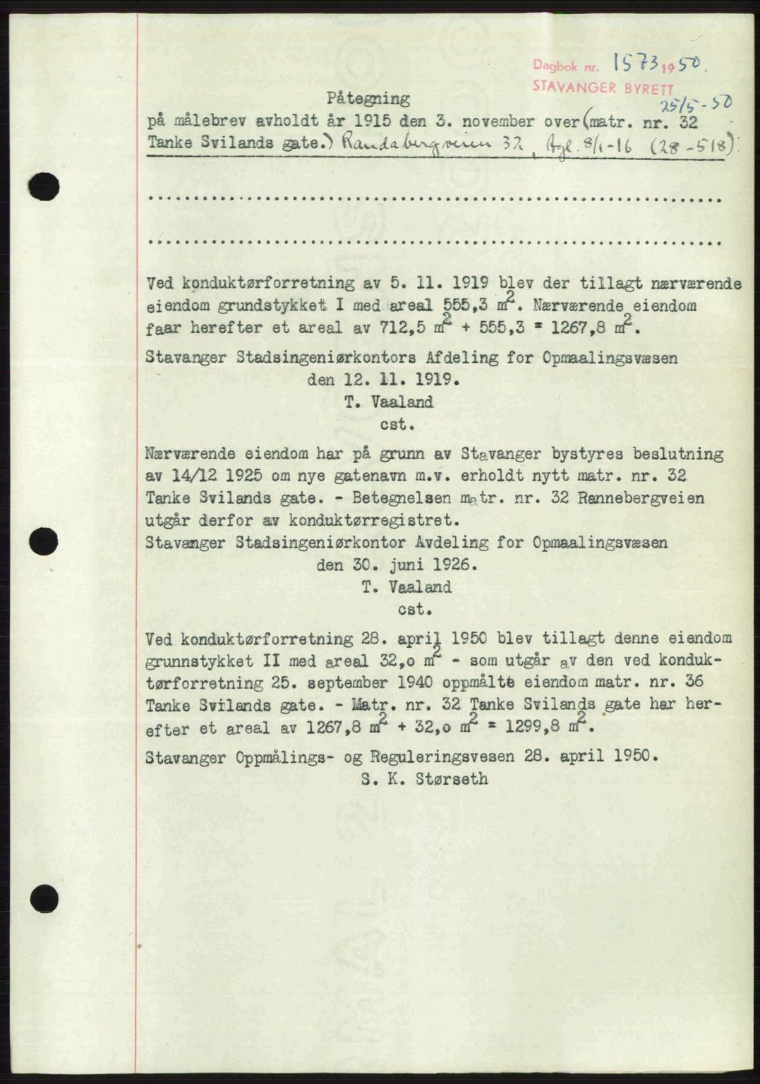 Stavanger byrett, SAST/A-100455/002/G/Gb/L0024: Mortgage book no. A13, 1949-1950, Diary no: : 1573/1950