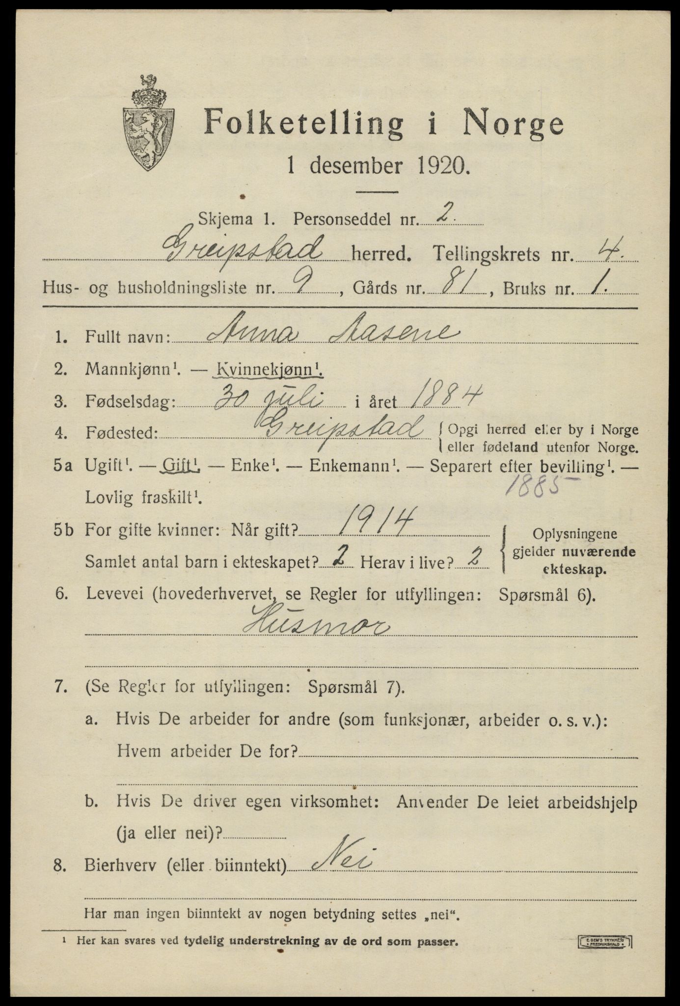 SAK, 1920 census for Greipstad, 1920, p. 1598