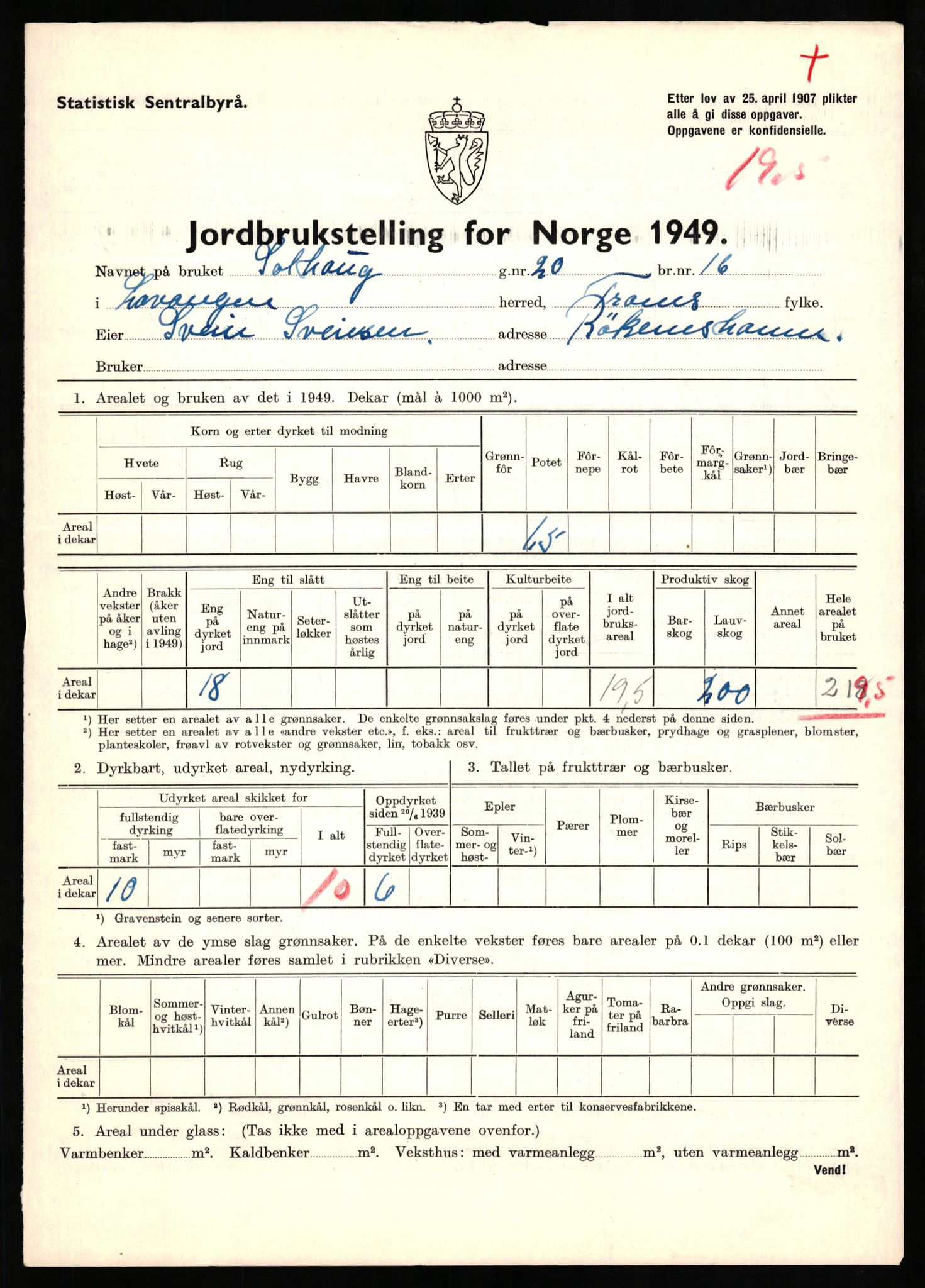 Statistisk sentralbyrå, Næringsøkonomiske emner, Jordbruk, skogbruk, jakt, fiske og fangst, AV/RA-S-2234/G/Gc/L0437: Troms: Gratangen og Lavangen, 1949, p. 156