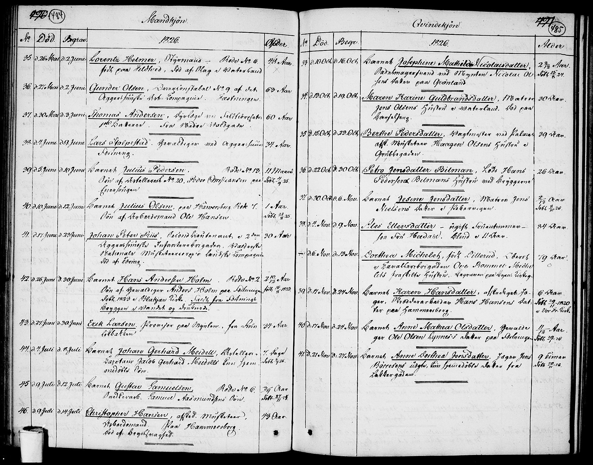 Garnisonsmenigheten Kirkebøker, SAO/A-10846/F/Fa/L0004: Parish register (official) no. 4, 1820-1828, p. 484-485