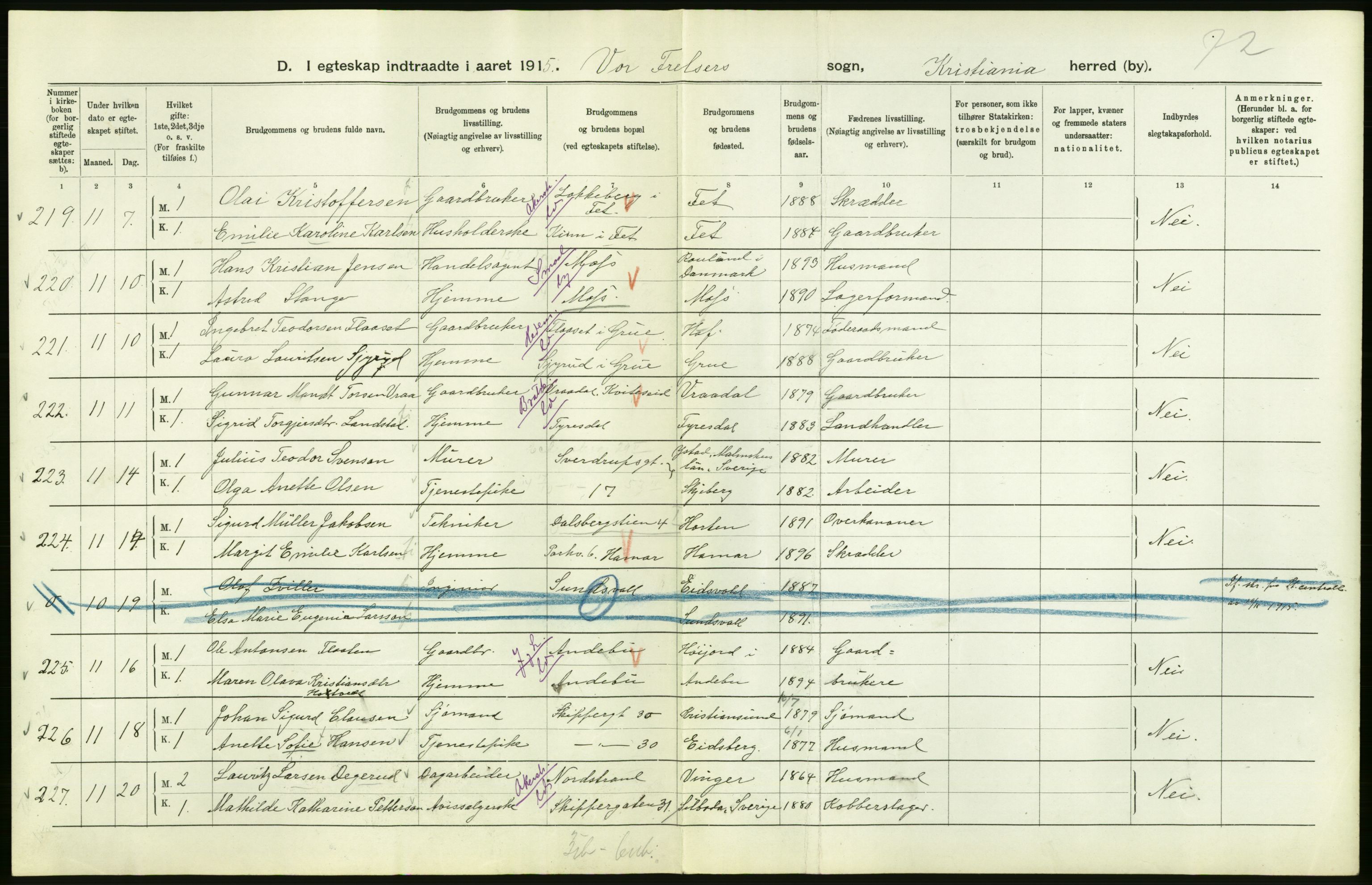 Statistisk sentralbyrå, Sosiodemografiske emner, Befolkning, AV/RA-S-2228/D/Df/Dfb/Dfbe/L0008: Kristiania: Gifte., 1915, p. 24