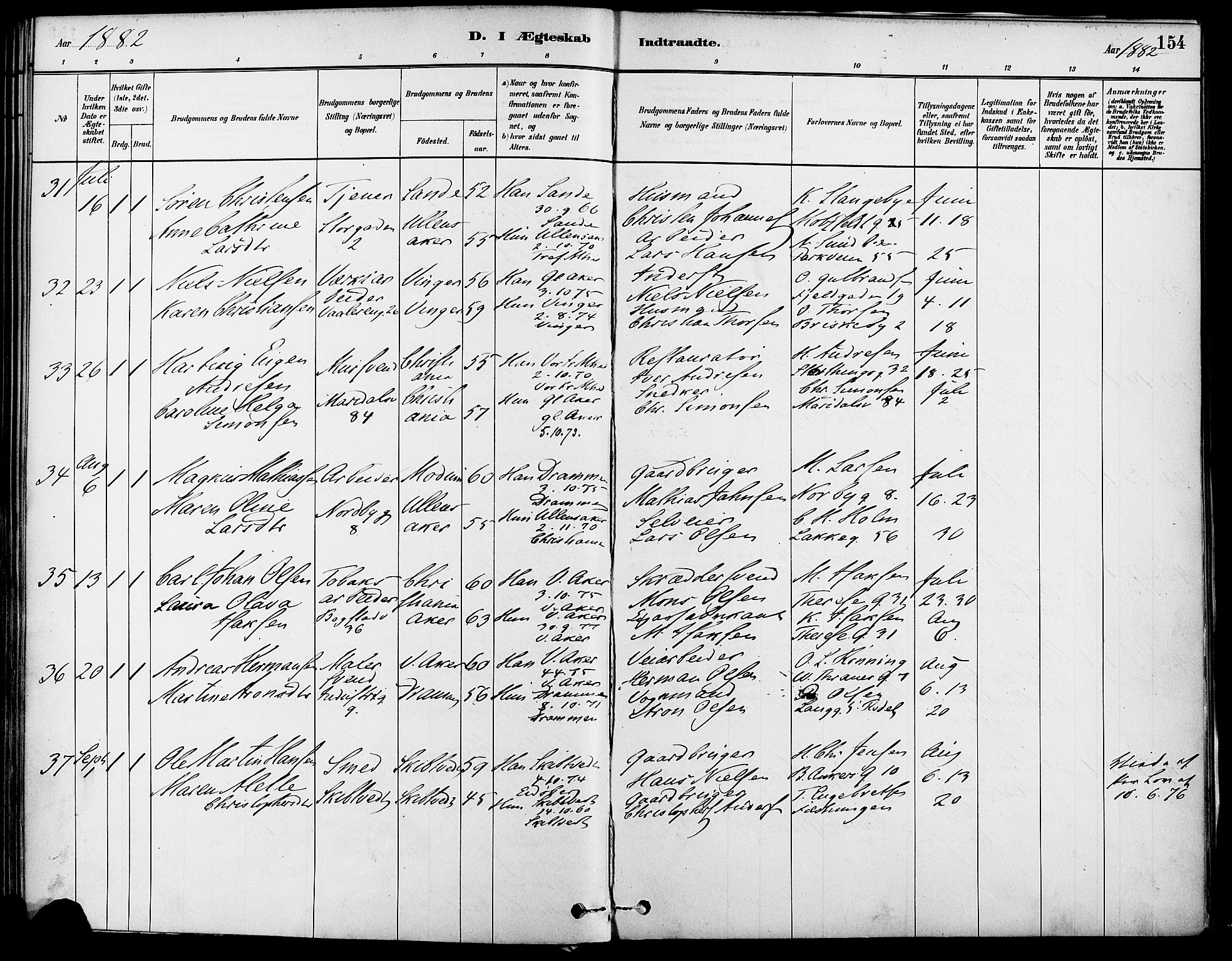 Gamle Aker prestekontor Kirkebøker, AV/SAO-A-10617a/F/L0007: Parish register (official) no. 7, 1882-1890, p. 154