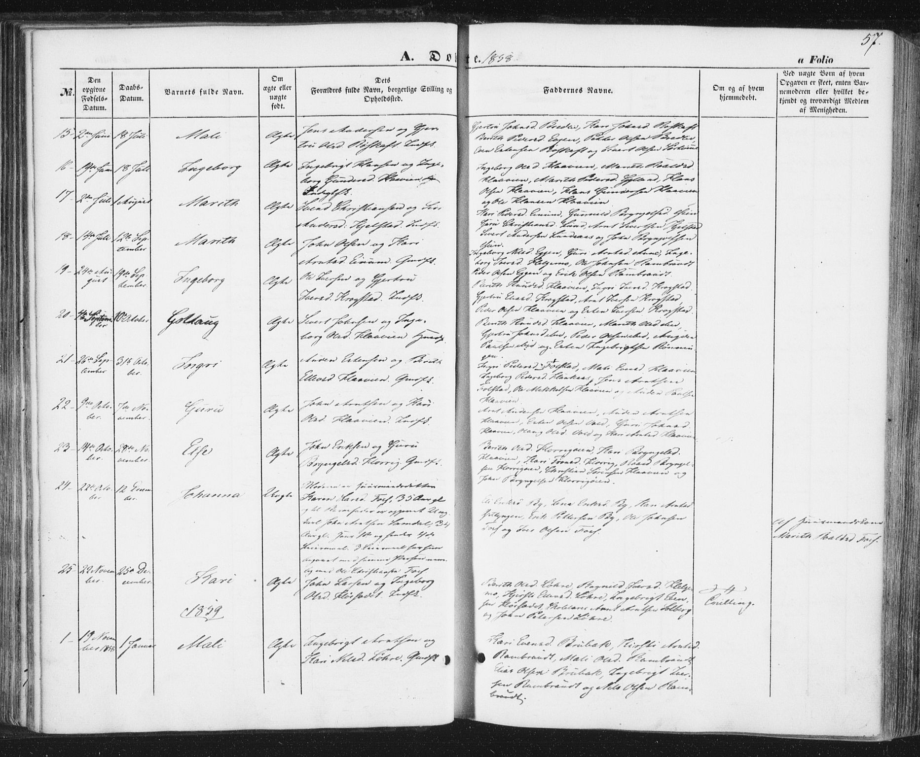 Ministerialprotokoller, klokkerbøker og fødselsregistre - Sør-Trøndelag, AV/SAT-A-1456/692/L1103: Parish register (official) no. 692A03, 1849-1870, p. 57