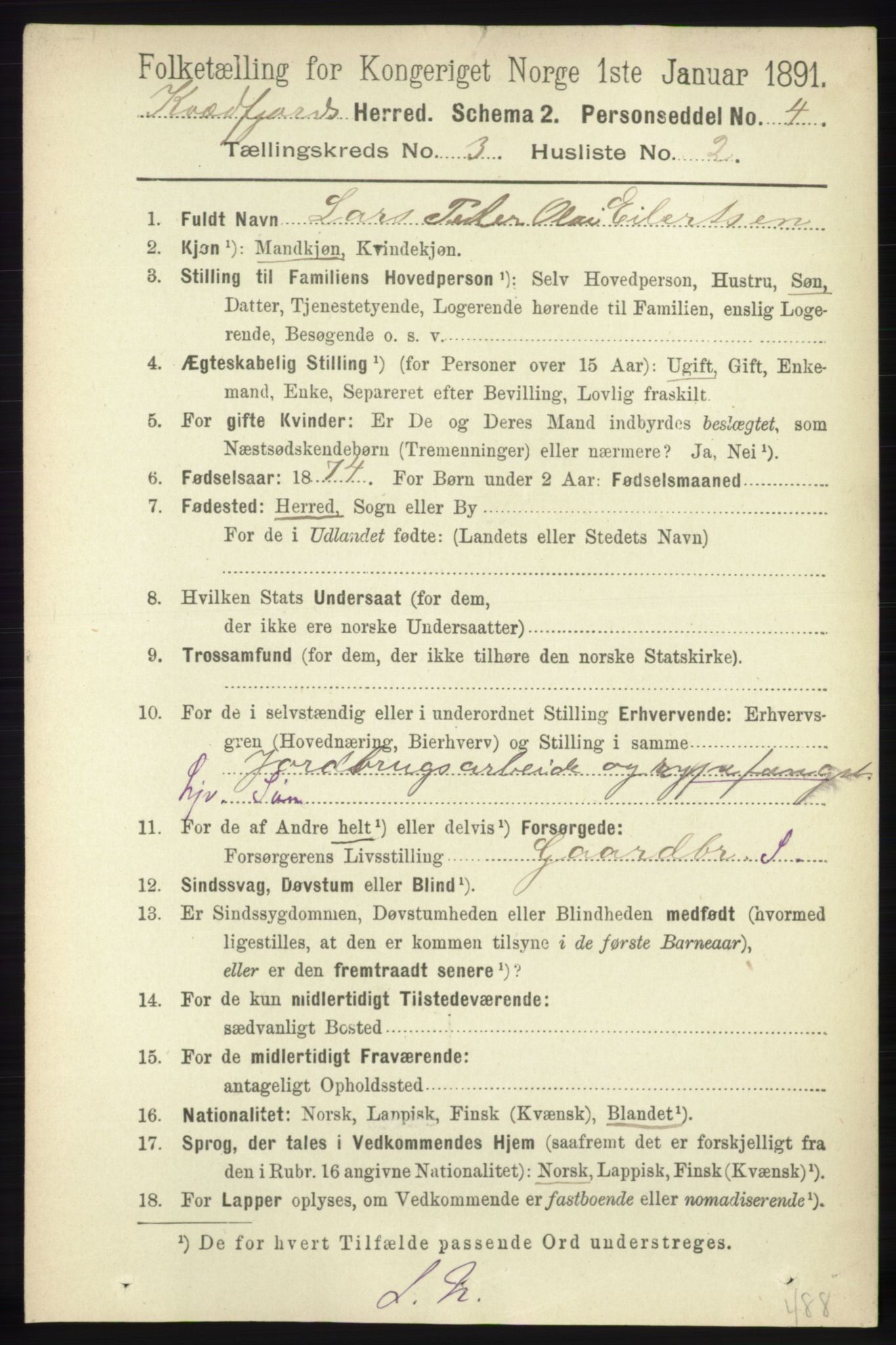 RA, 1891 census for 1911 Kvæfjord, 1891, p. 1307