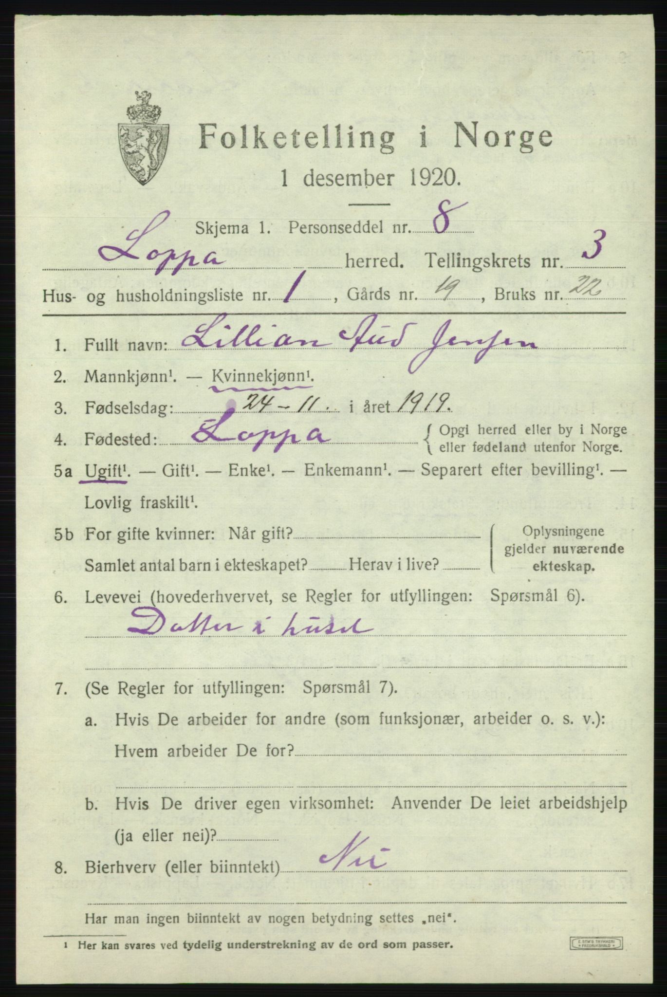 SATØ, 1920 census for Loppa, 1920, p. 1028