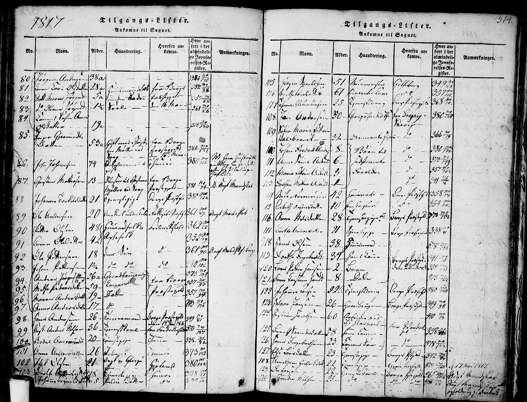 Skjeberg prestekontor Kirkebøker, SAO/A-10923/F/Fa/L0004: Parish register (official) no. I 4, 1815-1830, p. 314