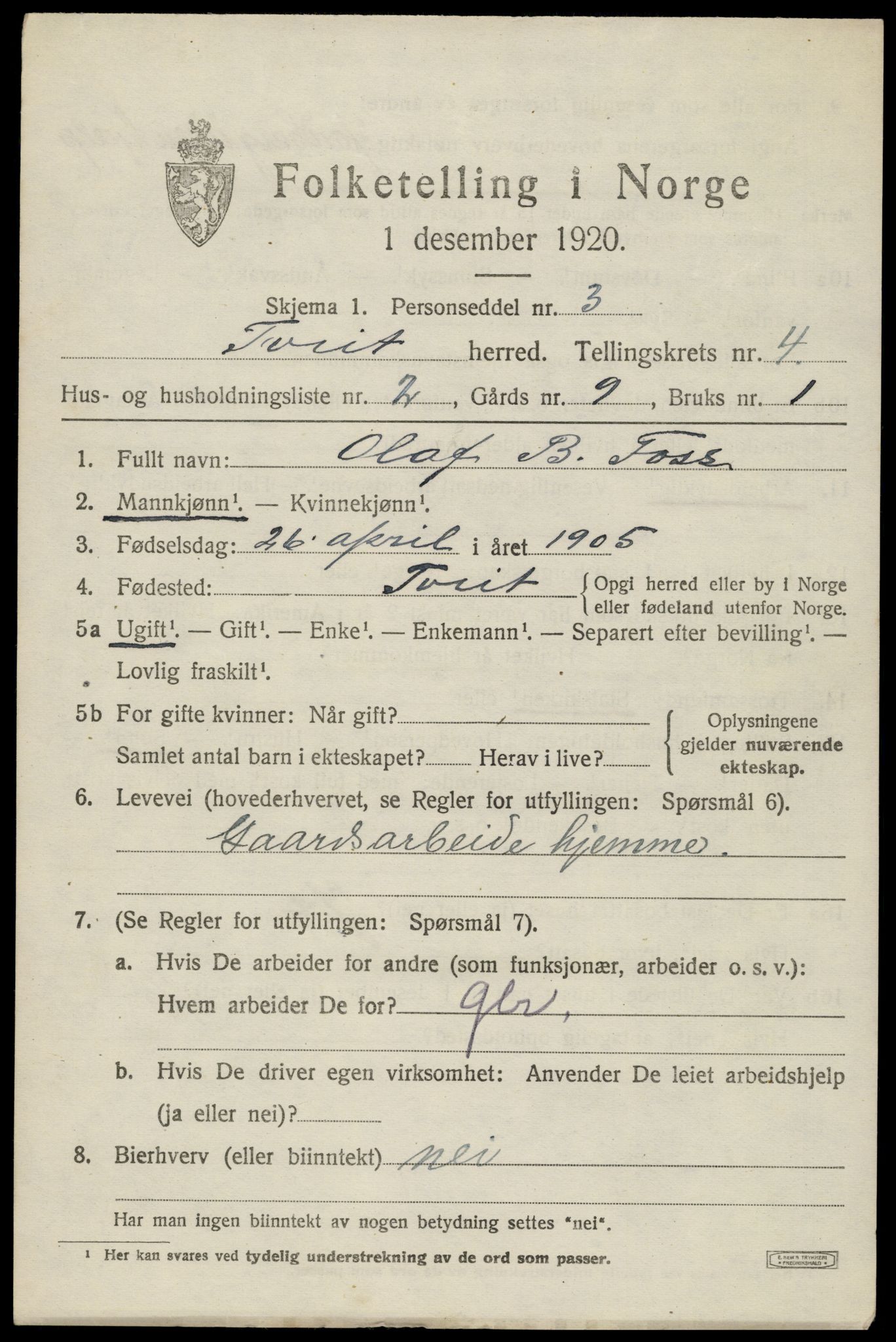 SAK, 1920 census for Tveit, 1920, p. 1988