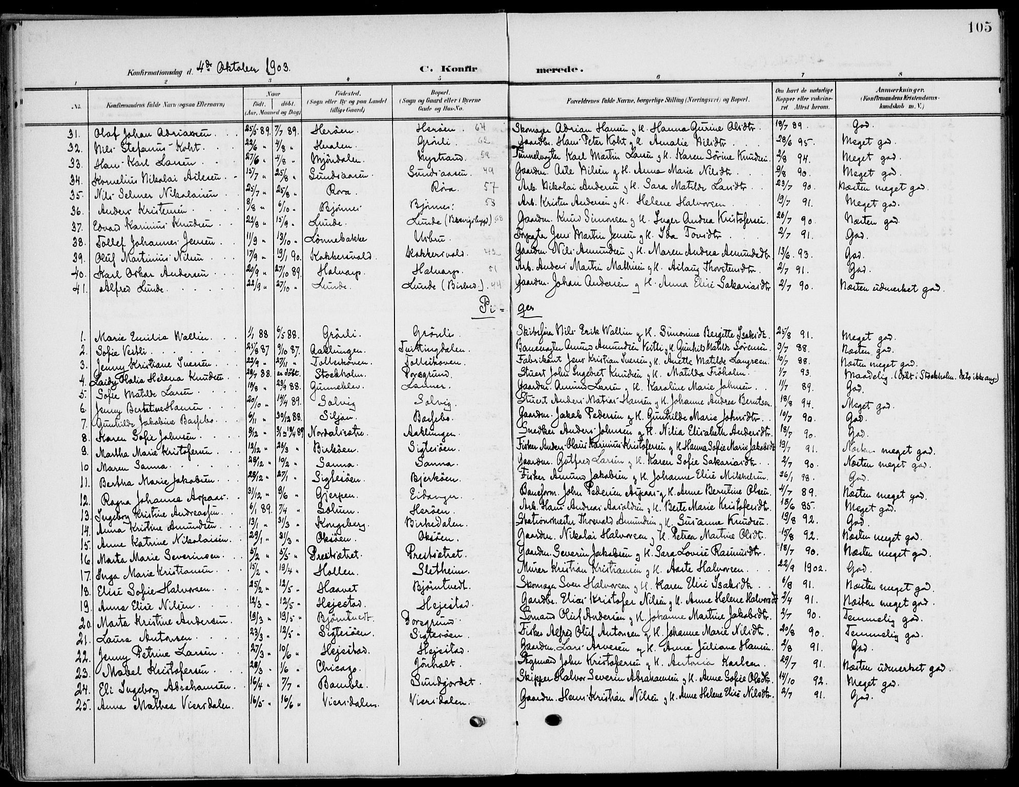 Eidanger kirkebøker, SAKO/A-261/F/Fa/L0013: Parish register (official) no. 13, 1900-1913, p. 105