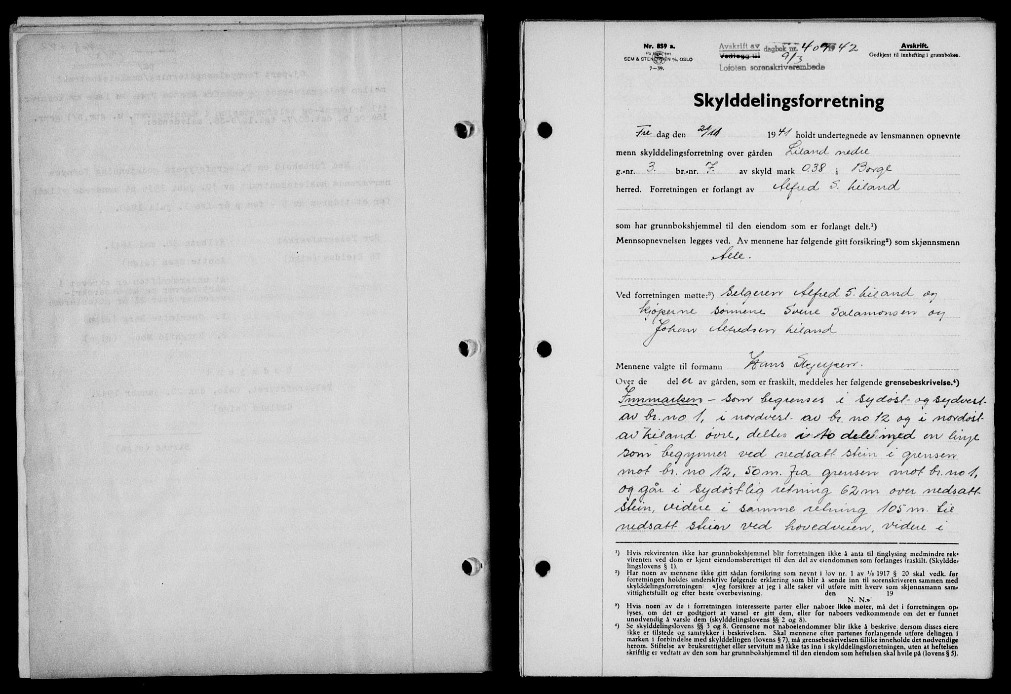 Lofoten sorenskriveri, SAT/A-0017/1/2/2C/L0009a: Mortgage book no. 9a, 1941-1942, Diary no: : 409/1942