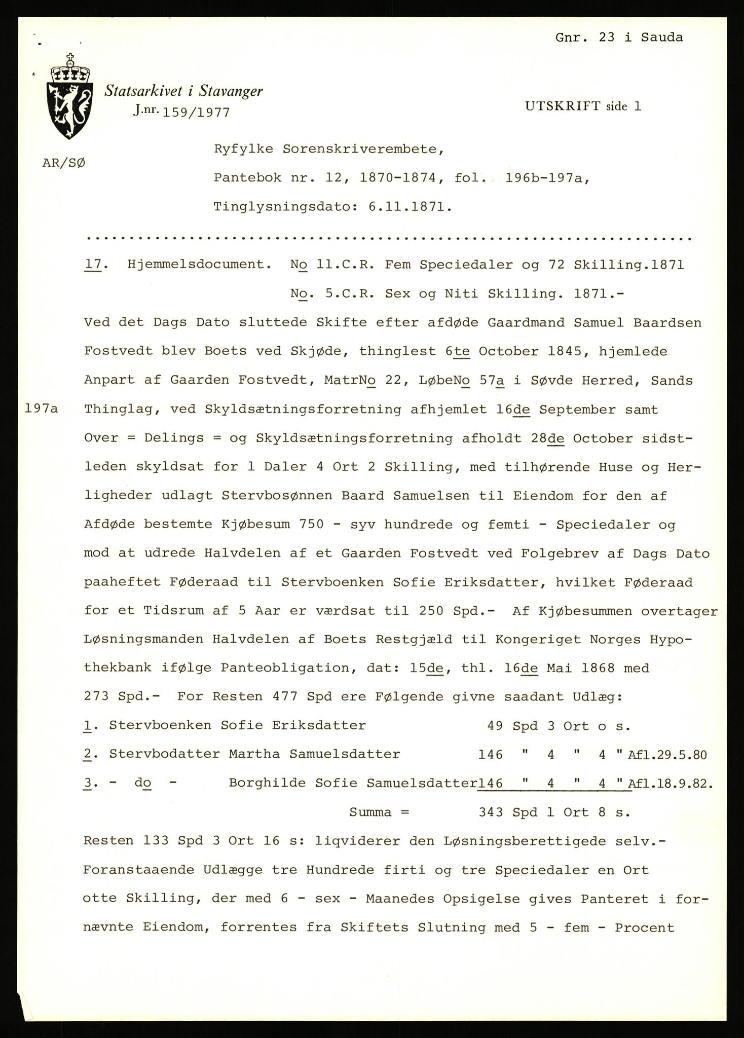Statsarkivet i Stavanger, AV/SAST-A-101971/03/Y/Yj/L0022: Avskrifter sortert etter gårdsnavn: Foss - Frøiland i Hetland, 1750-1930, p. 289