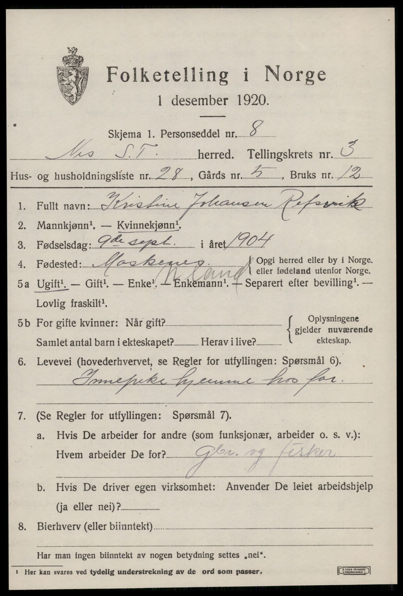 SAT, 1920 census for Nes (ST), 1920, p. 1975