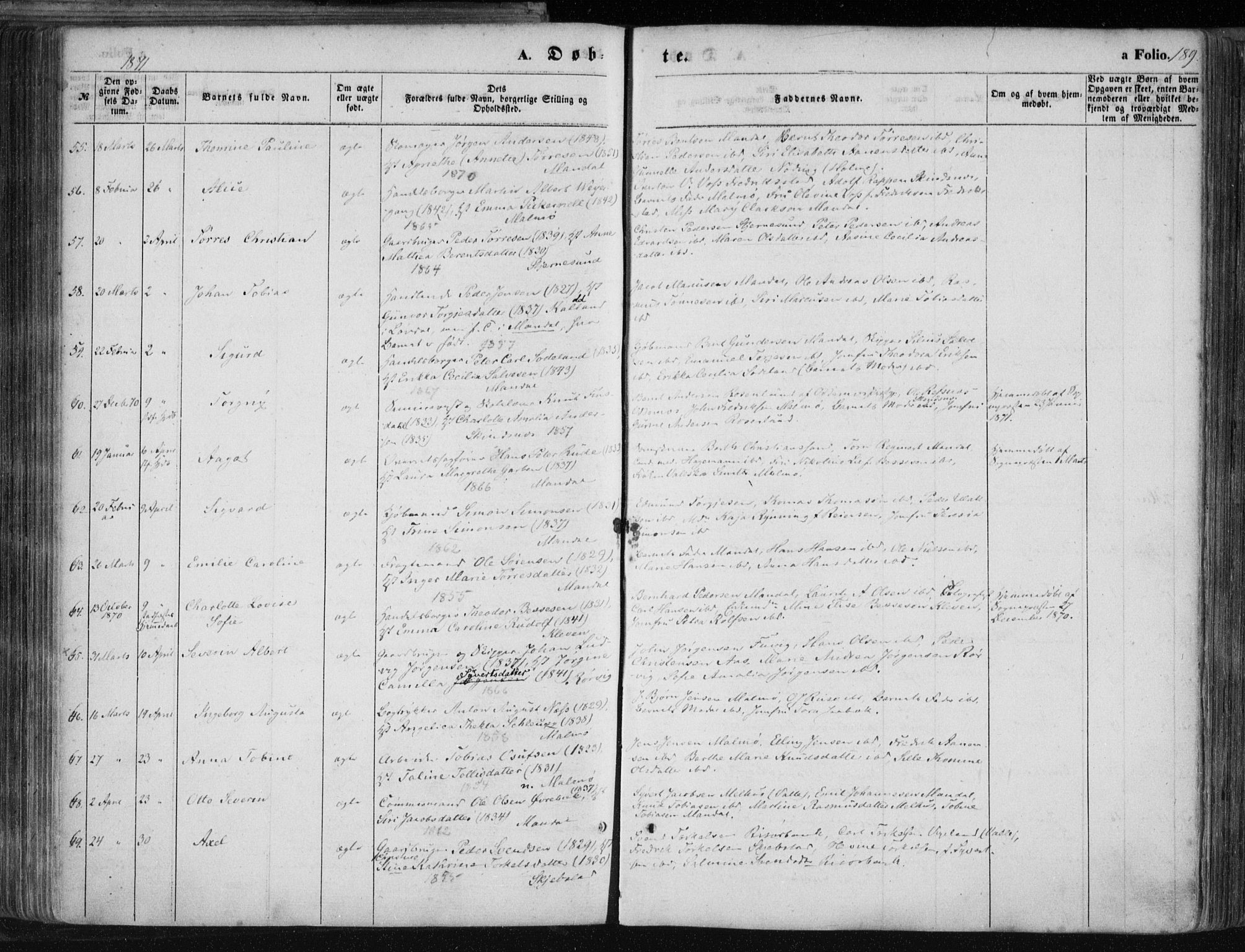 Mandal sokneprestkontor, SAK/1111-0030/F/Fa/Faa/L0014: Parish register (official) no. A 14, 1859-1872, p. 189