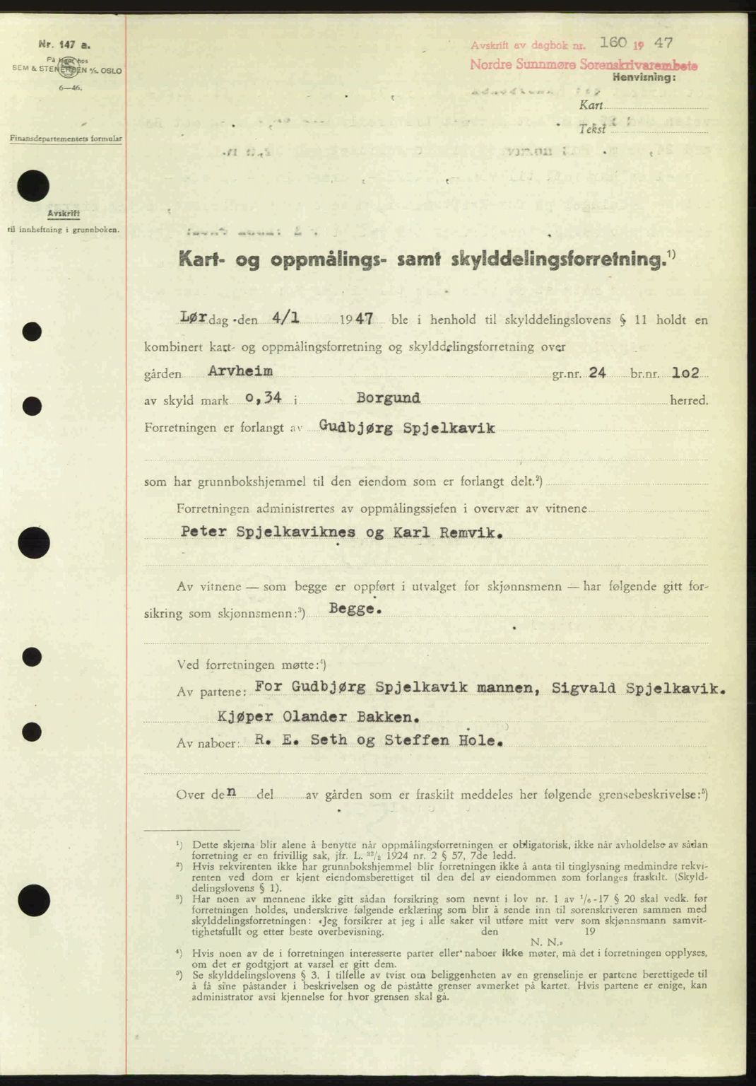 Nordre Sunnmøre sorenskriveri, AV/SAT-A-0006/1/2/2C/2Ca: Mortgage book no. A23, 1946-1947, Diary no: : 160/1947