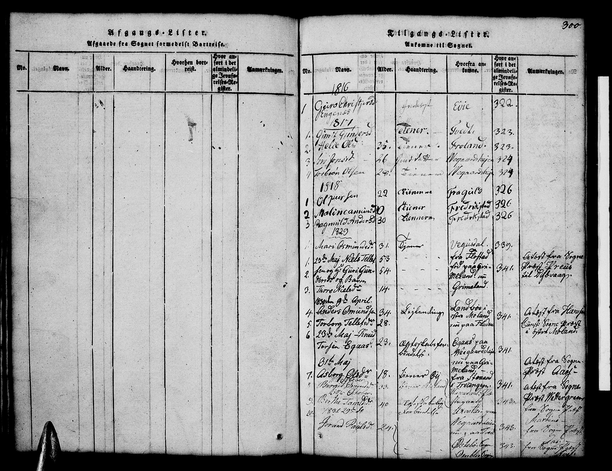 Åmli sokneprestkontor, SAK/1111-0050/F/Fb/Fbc/L0001: Parish register (copy) no. B 1, 1816-1867, p. 300